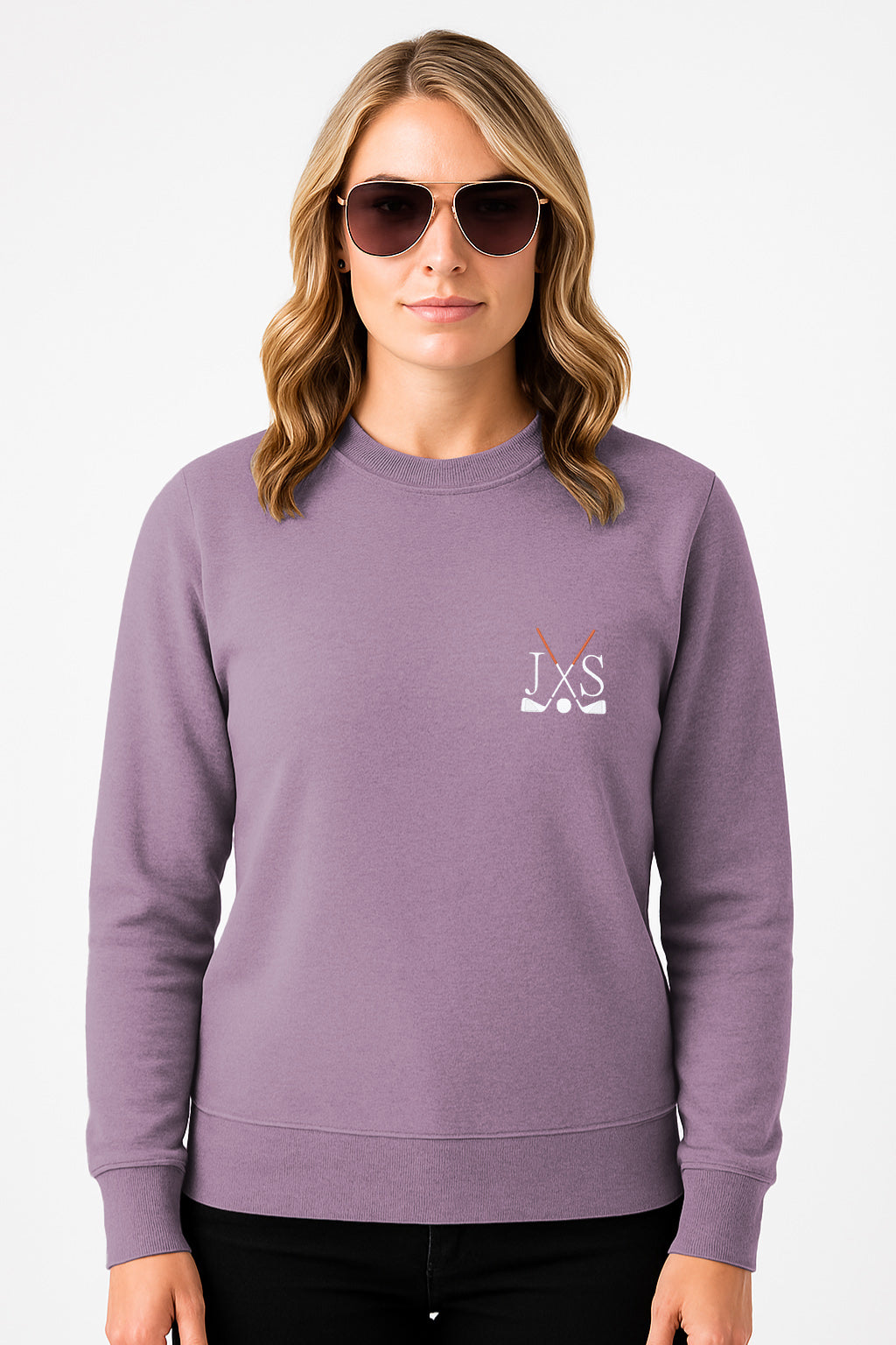 Plus size purple embroidery solid color women's crew neck sweatshirt with golf clubs design