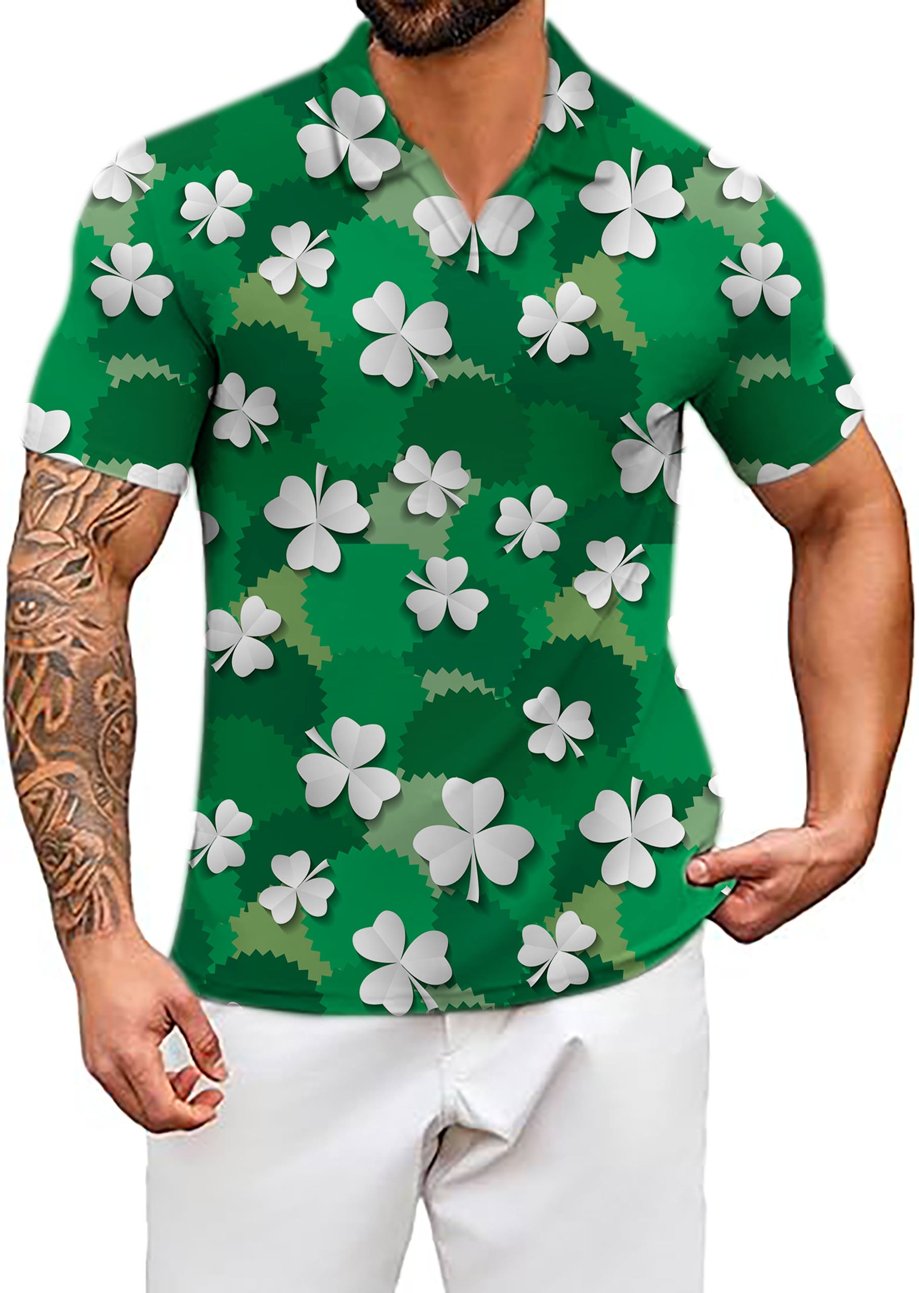 Men's Leaf clover St. Patrick's Day V Neck Golf Polo Shirts