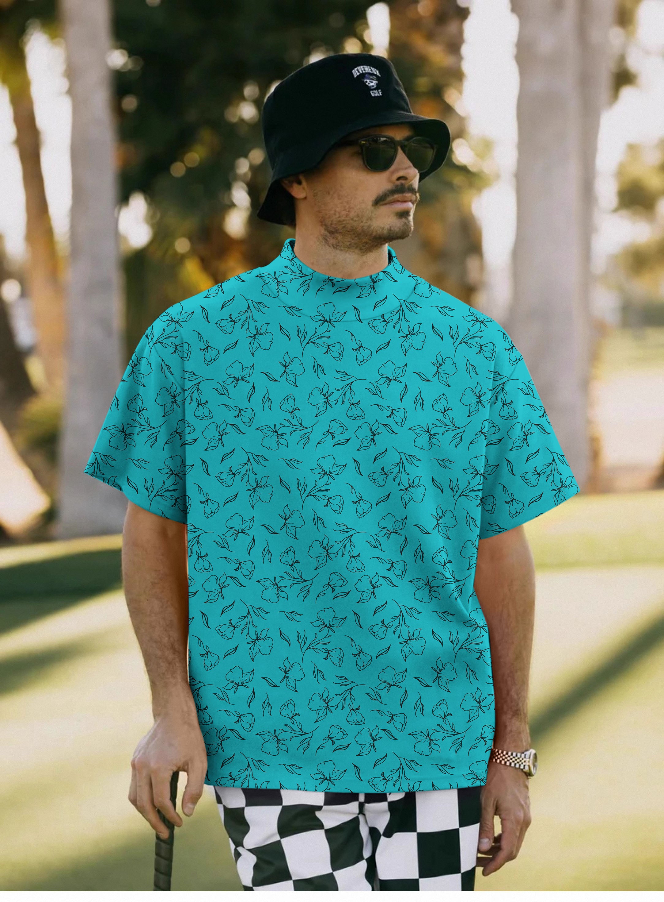 Men's flowers teal Pullover High neck Long/Short sleeve T-Shirt limited edition