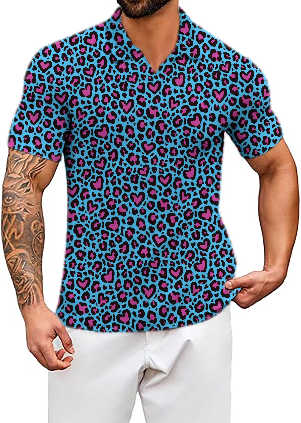 Men's Pink leopard print V Neck Golf Polo Shirts