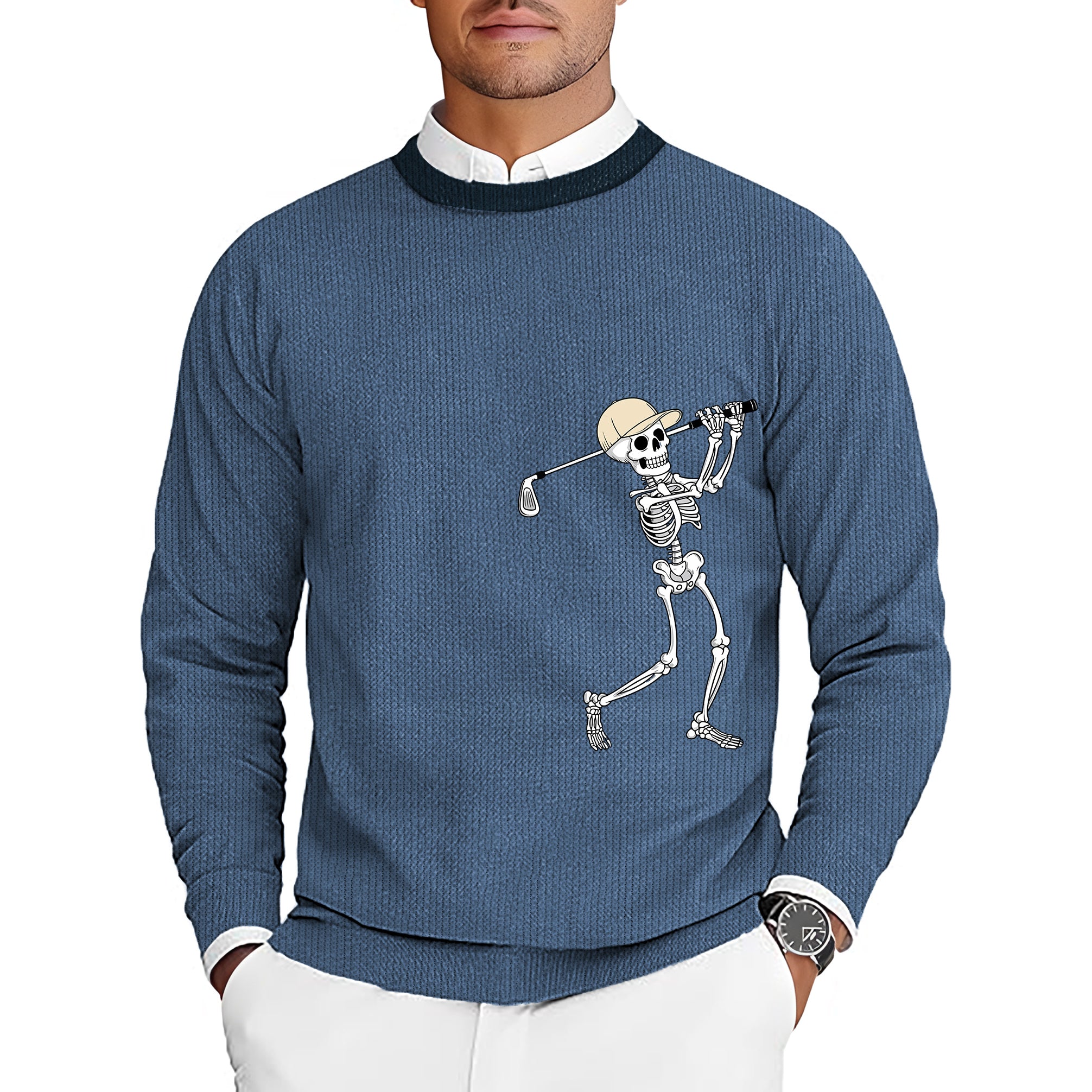 White Blue Halloween Skeleton Golf Men's Golf Crewneck Pullover Sweaters Ugly Sweater
