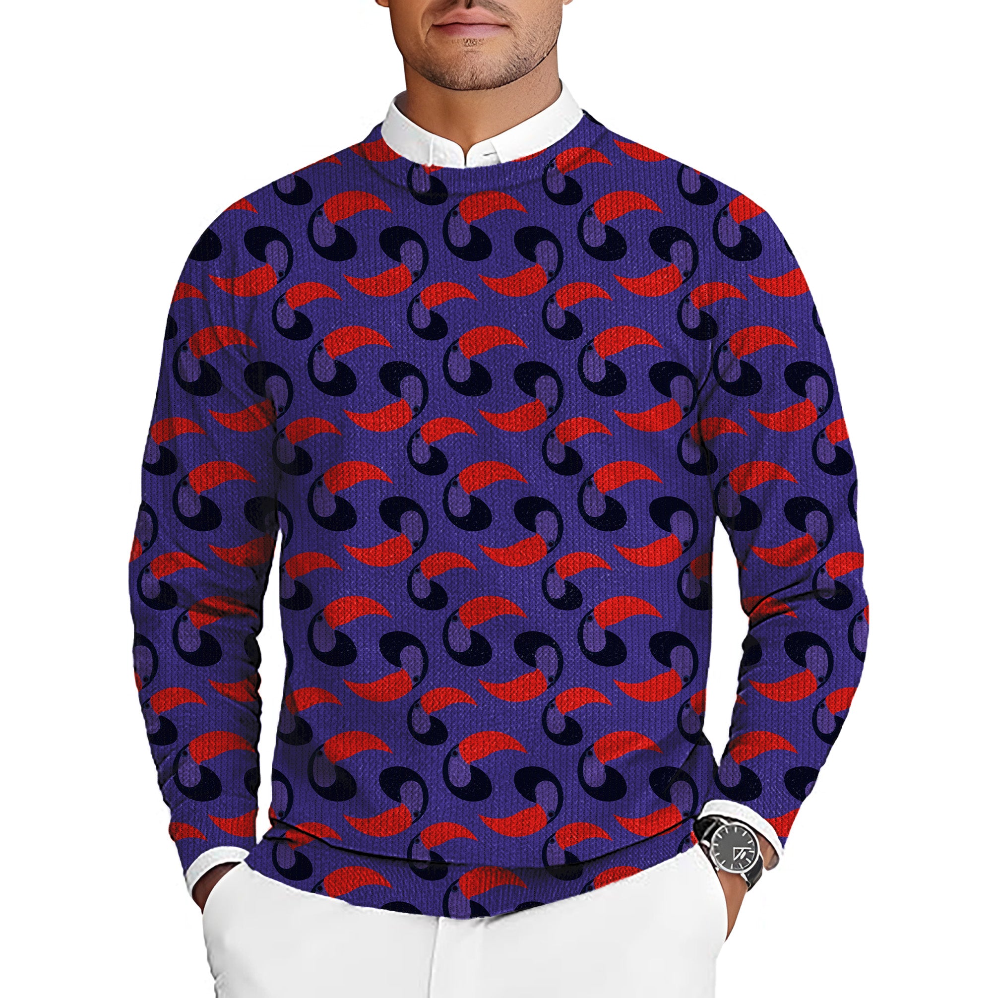 purple toucan Men's Golf Crewneck Pullover Sweaters Ugly Sweater