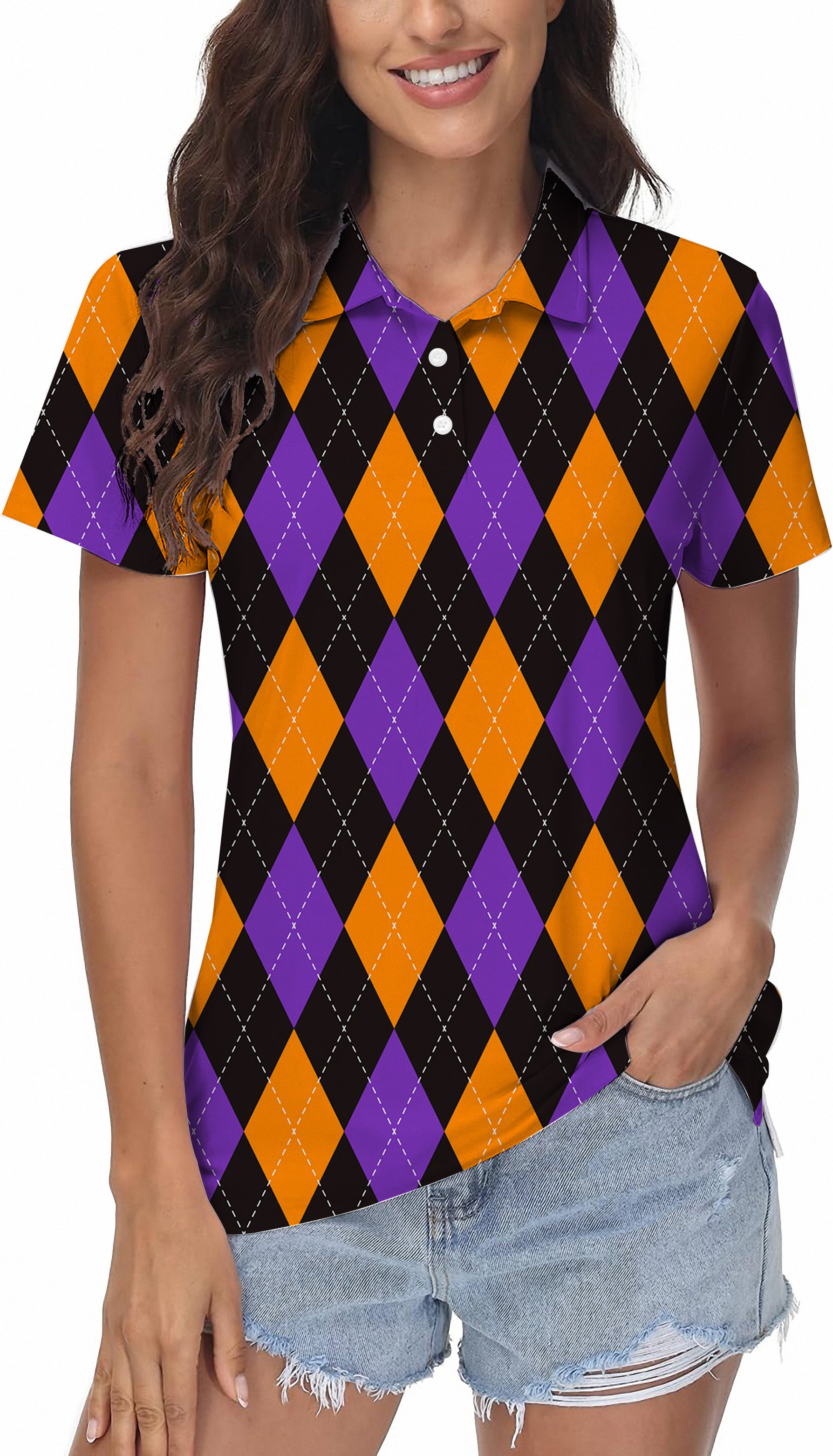 Orange purple and black argyle Women's Golf Polo