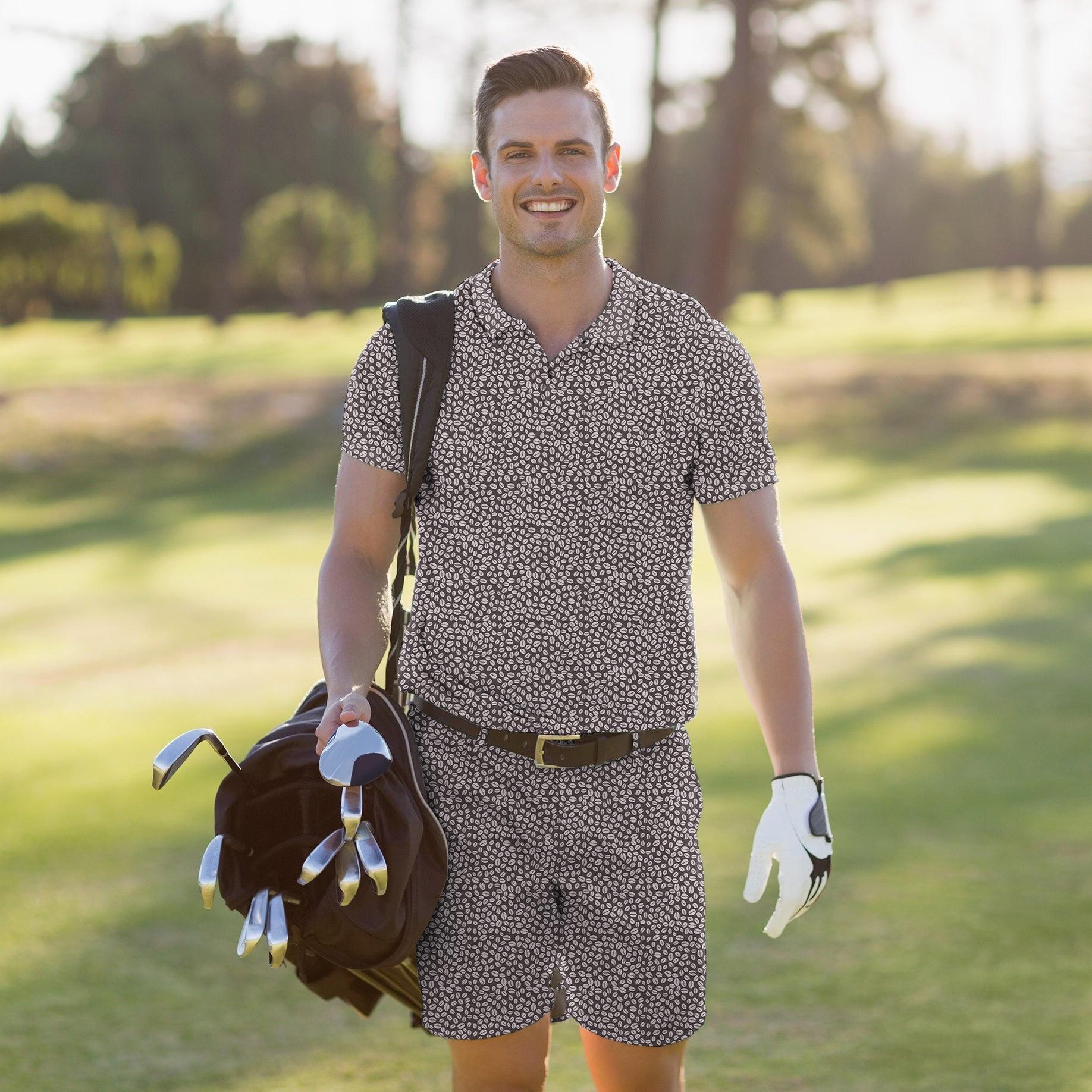 Men's golf set polo and shorts in coffee beans color, featuring stretchy, moisture-wicking, wrinkle-resistant fabric with UPF 40+ protection