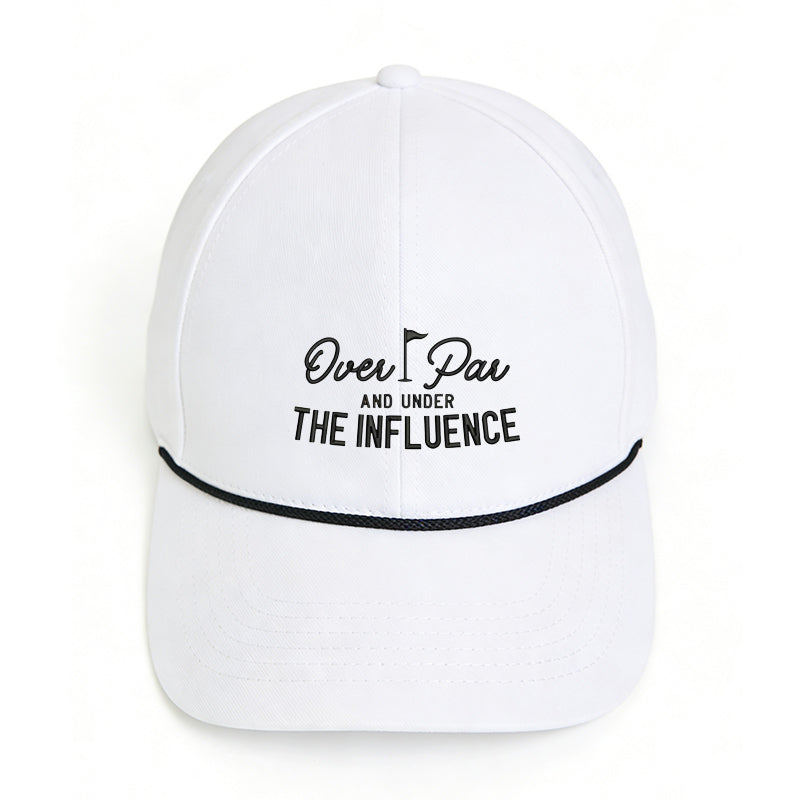 Custom embroidered white vintage golf hat with adjustable snapback and black text design