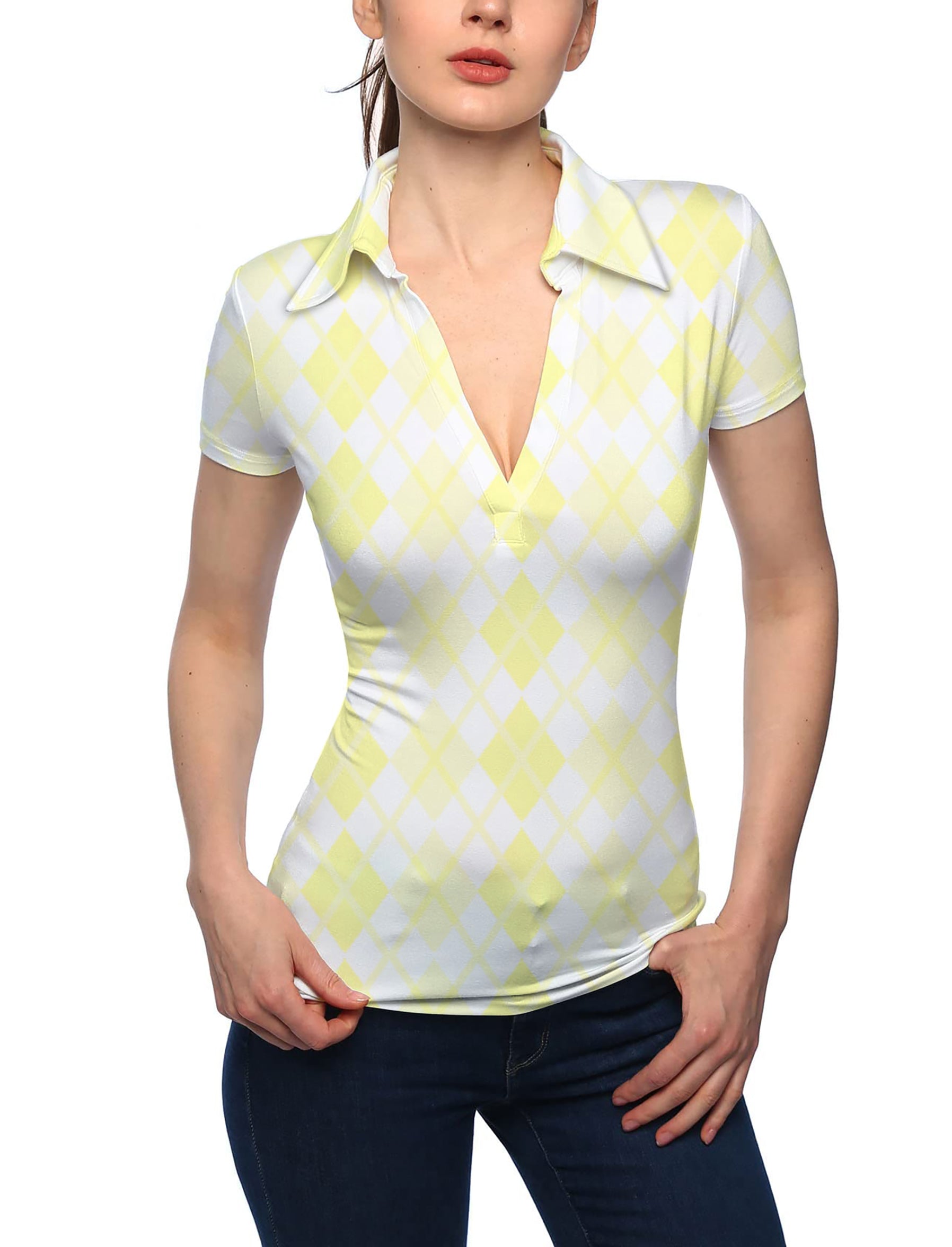 Women's Argyle yellow grid V Neck Golf Polo