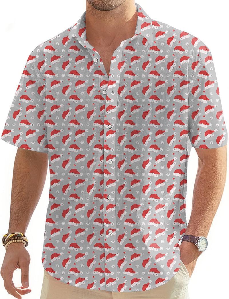 Men's Hawaiian shirt with Christmas pompom hat pattern, short sleeve button-down, casual summer style