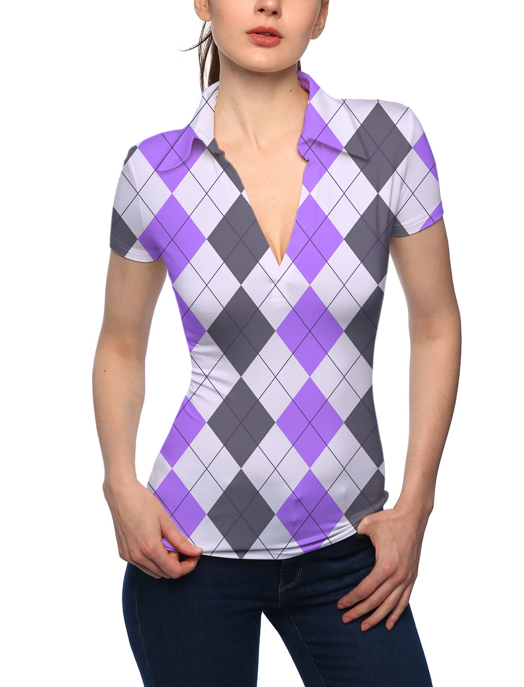 Women's Purple grey Argyle V Neck Golf Polo