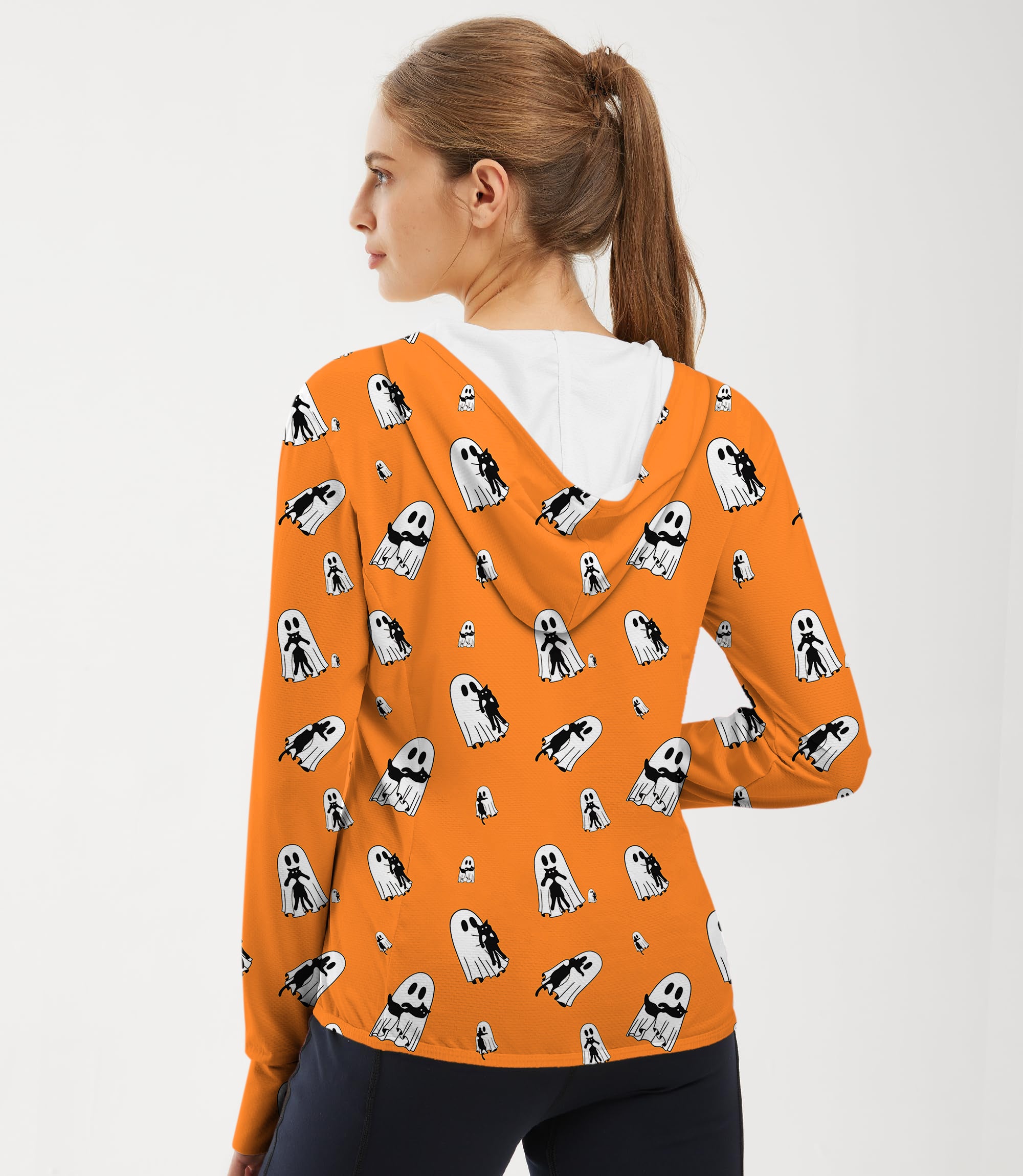 Women's Outdoor Halloween Ghost Hug Cat Custom The Background Color Golf Sun Protection Slim Fit zip hoodies