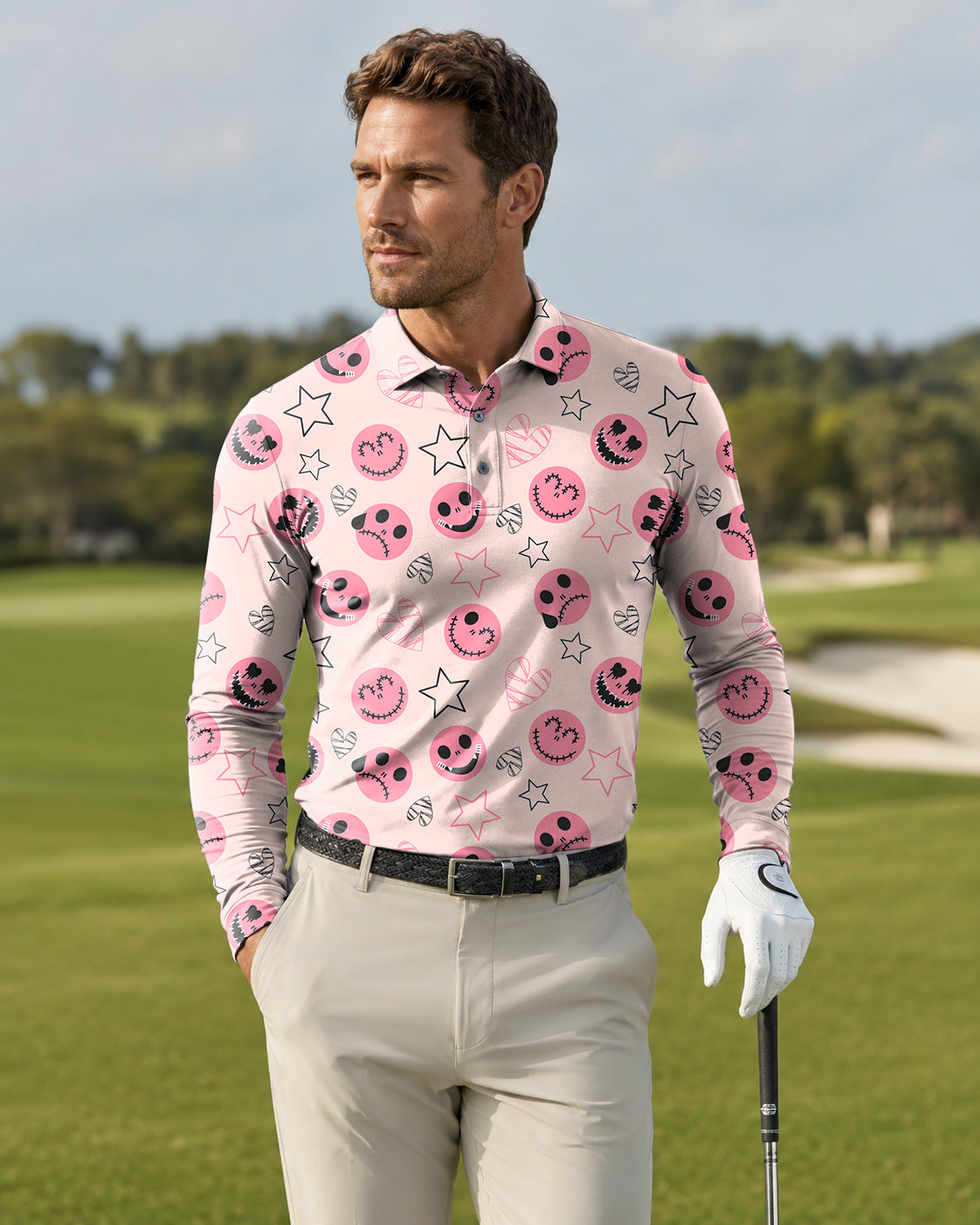 Men's Halloween pink smiley face Long-sleeved Polo