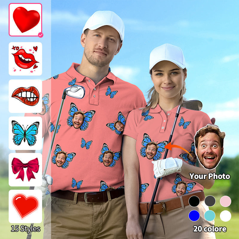 Couple wearing custom Valentine's Day golf shirts with personalized photo and butterfly design in hot pink color