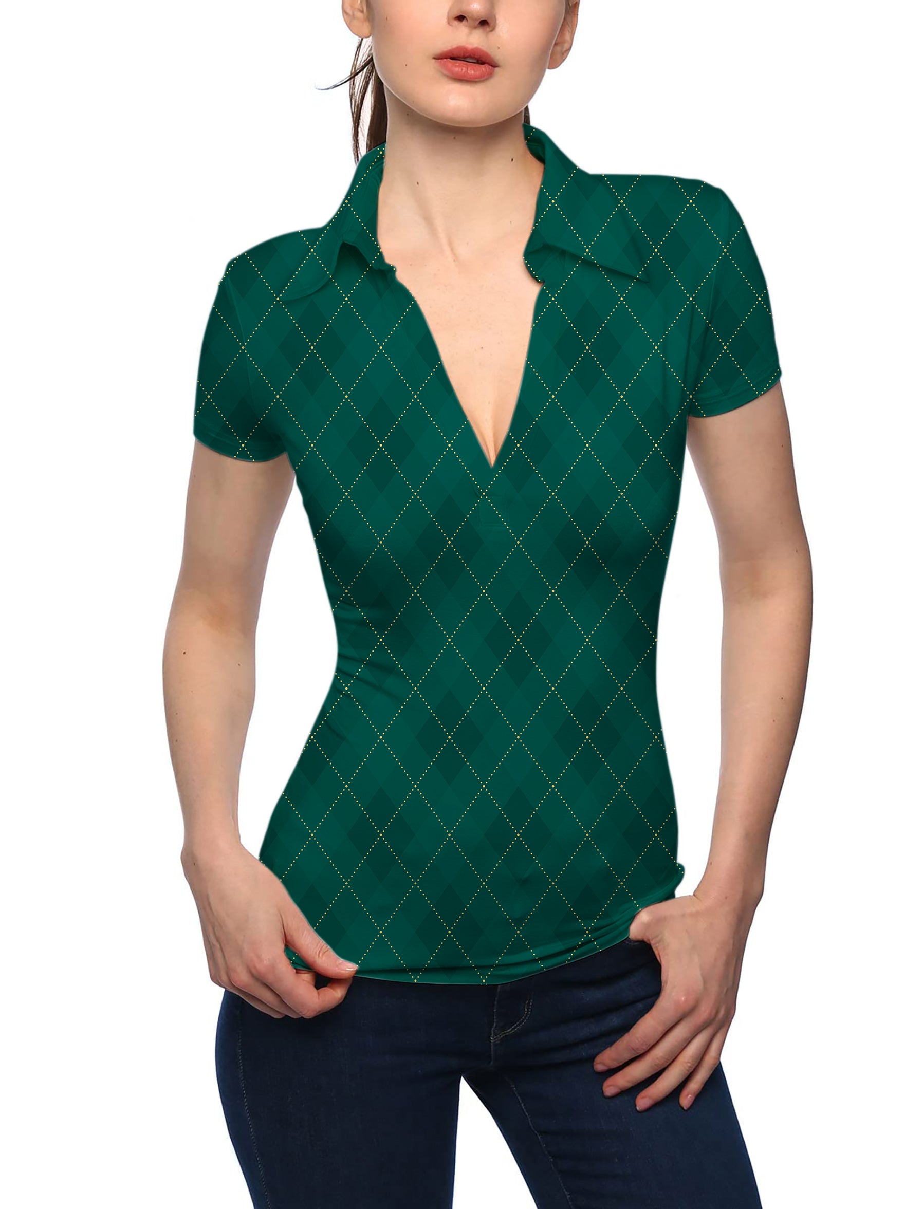 Women's Green diamond grid V Neck Golf Polo