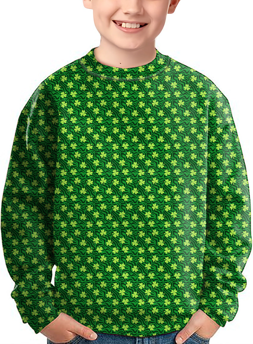 Leaf clover Green zebra St. Patrick's Day Crewneck Pullover Kids Ugly Sweater