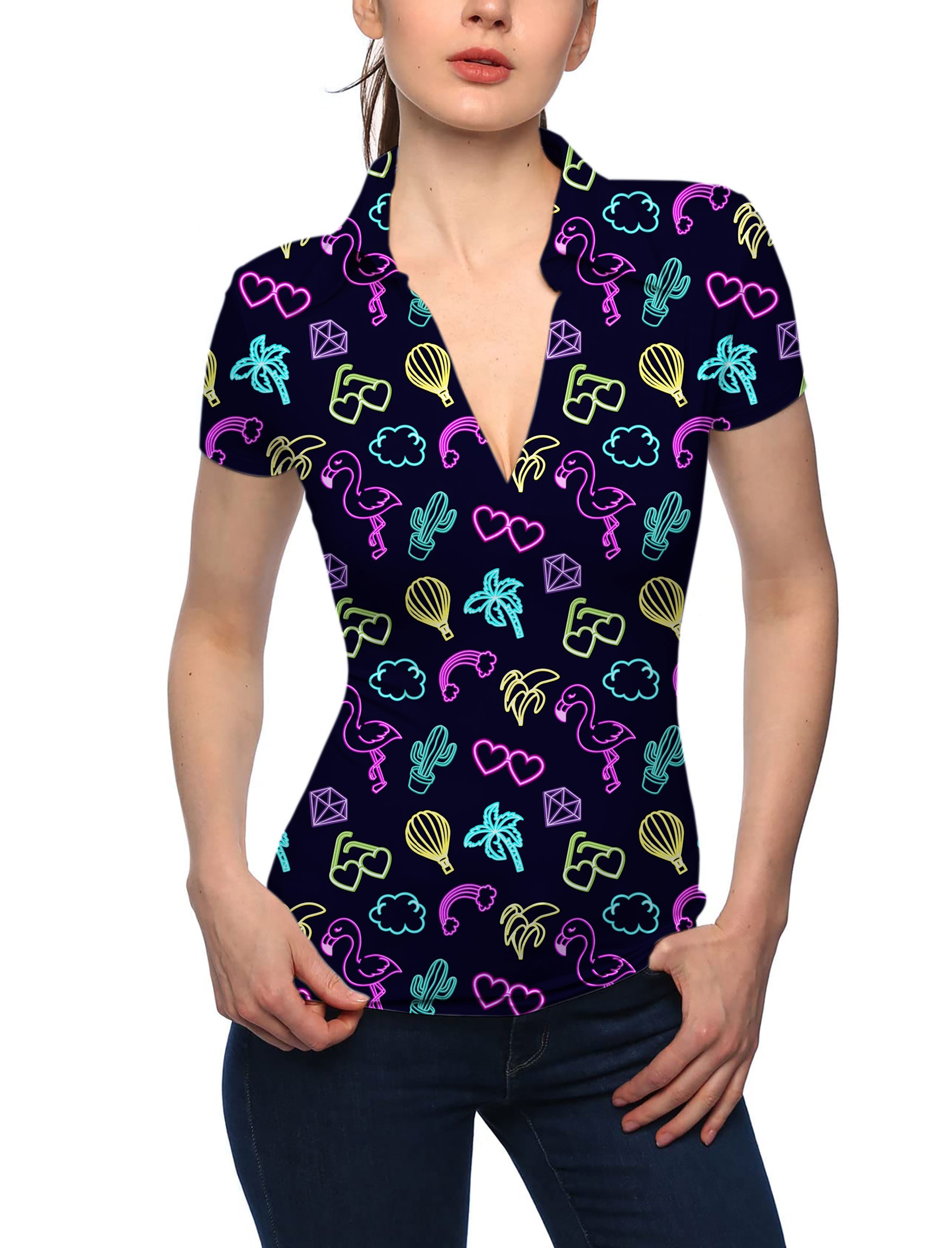 Women's Neon Flamingo V Neck Golf Polo