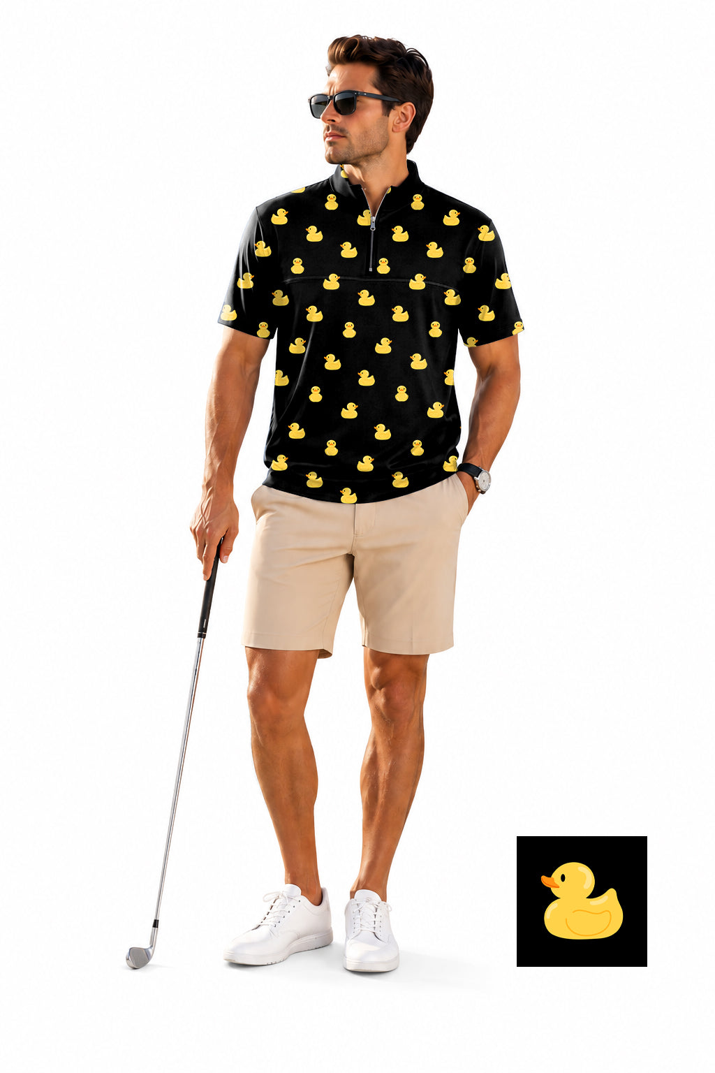Men's Short Sleeve Quarter Zip Golf Pullover   Yellow Rubber Duck  The Background Color Embroidery
