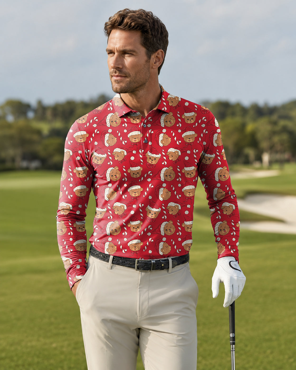 Men's Red Christmas Teddy Bear Long-sleeved Polo