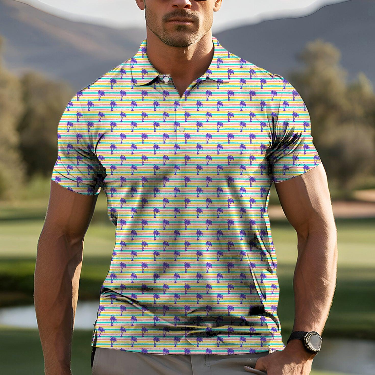 Men's Striped Summer Coconut trees golf polo