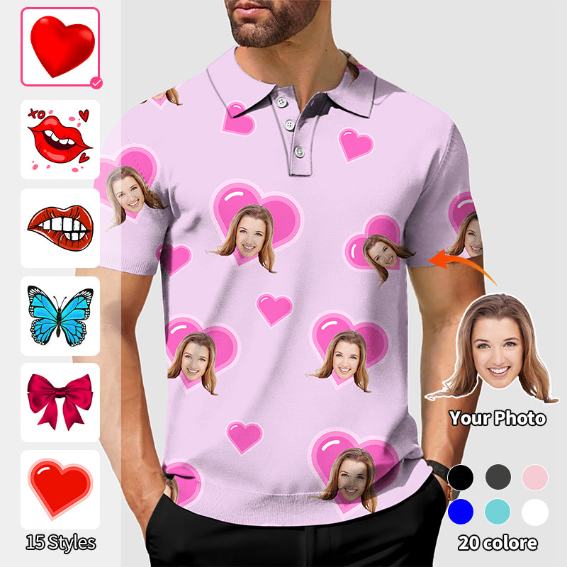 Valentine's Day Men's Custom Photo Face Custom Color Purple Love Polo