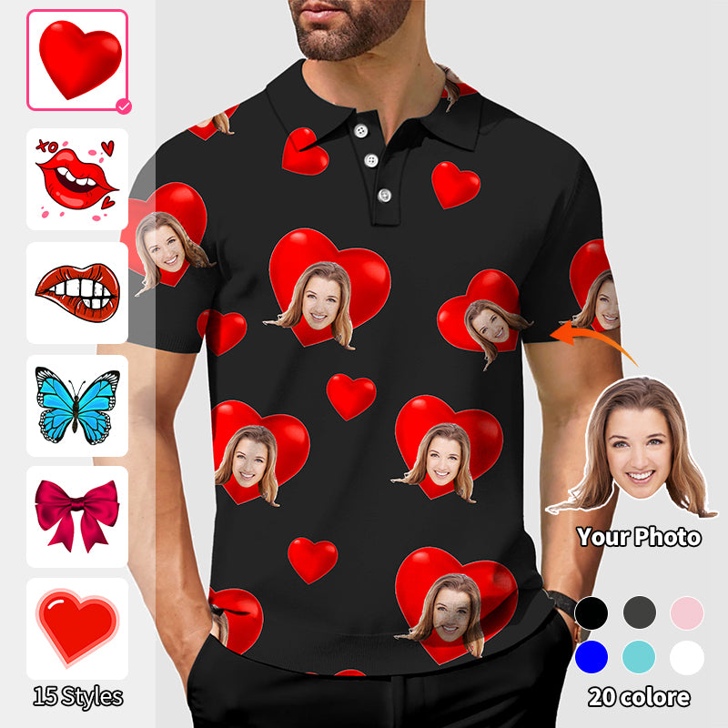 Valentine's Day Men's Custom Photo Face Custom Color Black Love Polo