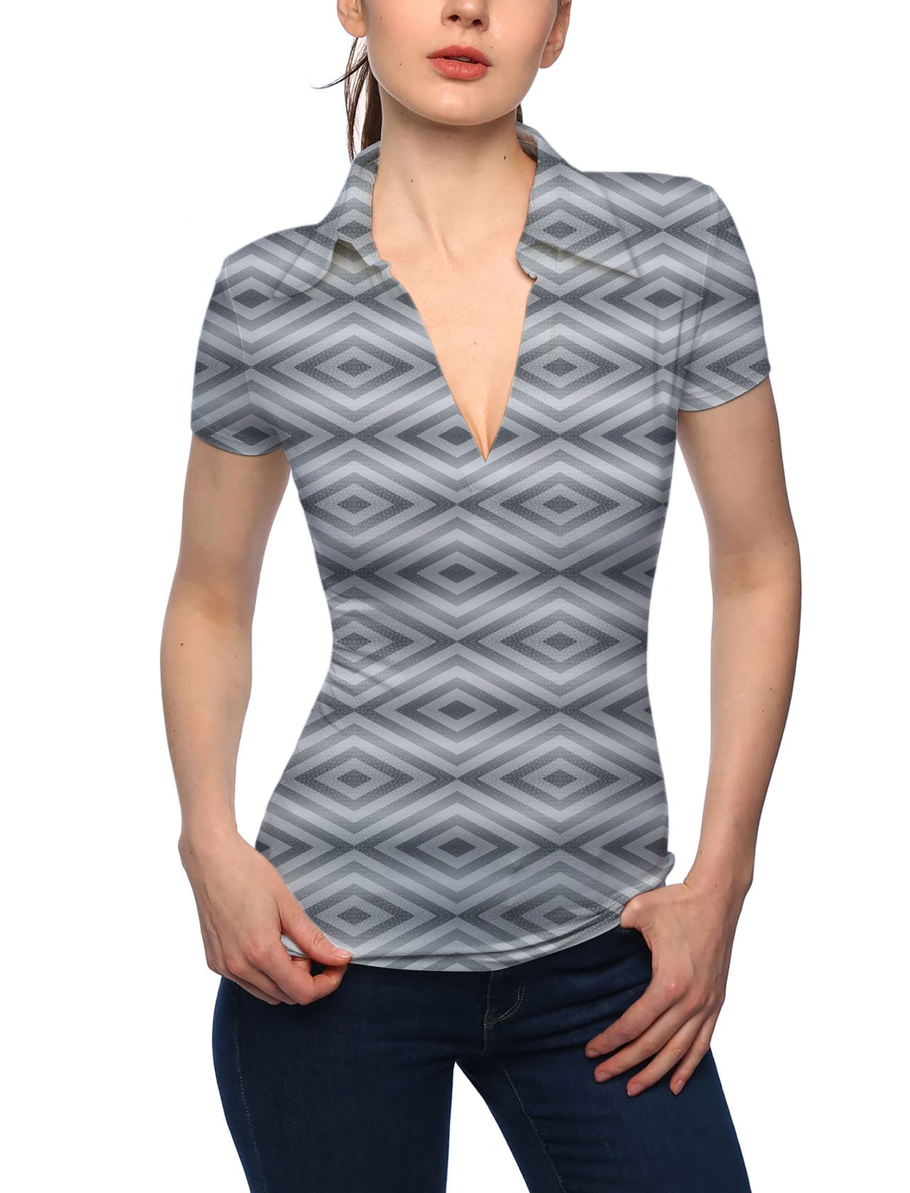 Women's Gray stripe V Neck Golf Polo