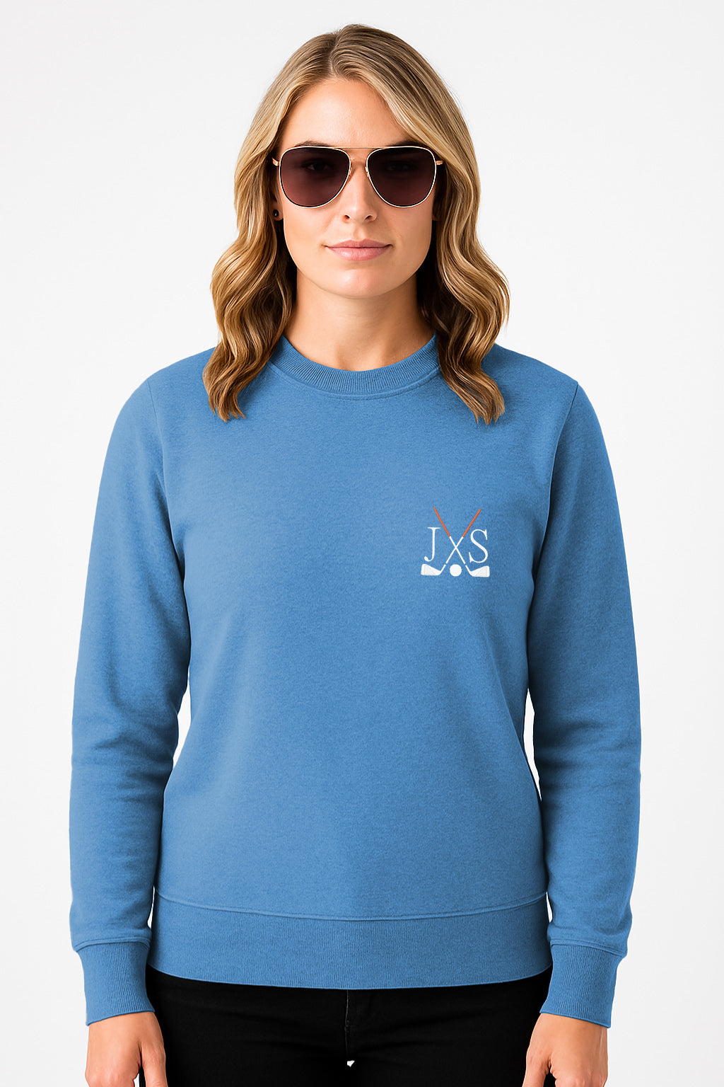 Embroidery solid color blue plus size women's crew neck sweatshirt with golf club and initials design
