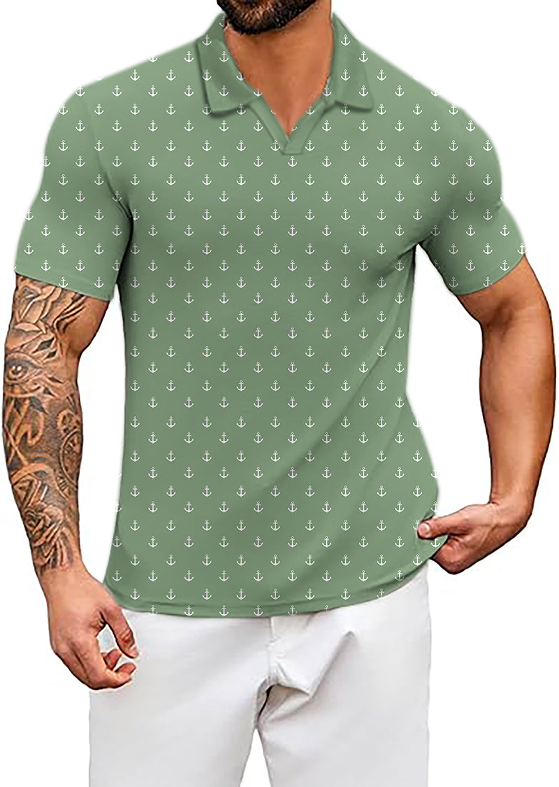 Men's Coconut Palm green polo shirt with anchor pattern, stretch fabric, and classic fit for business casual wear
