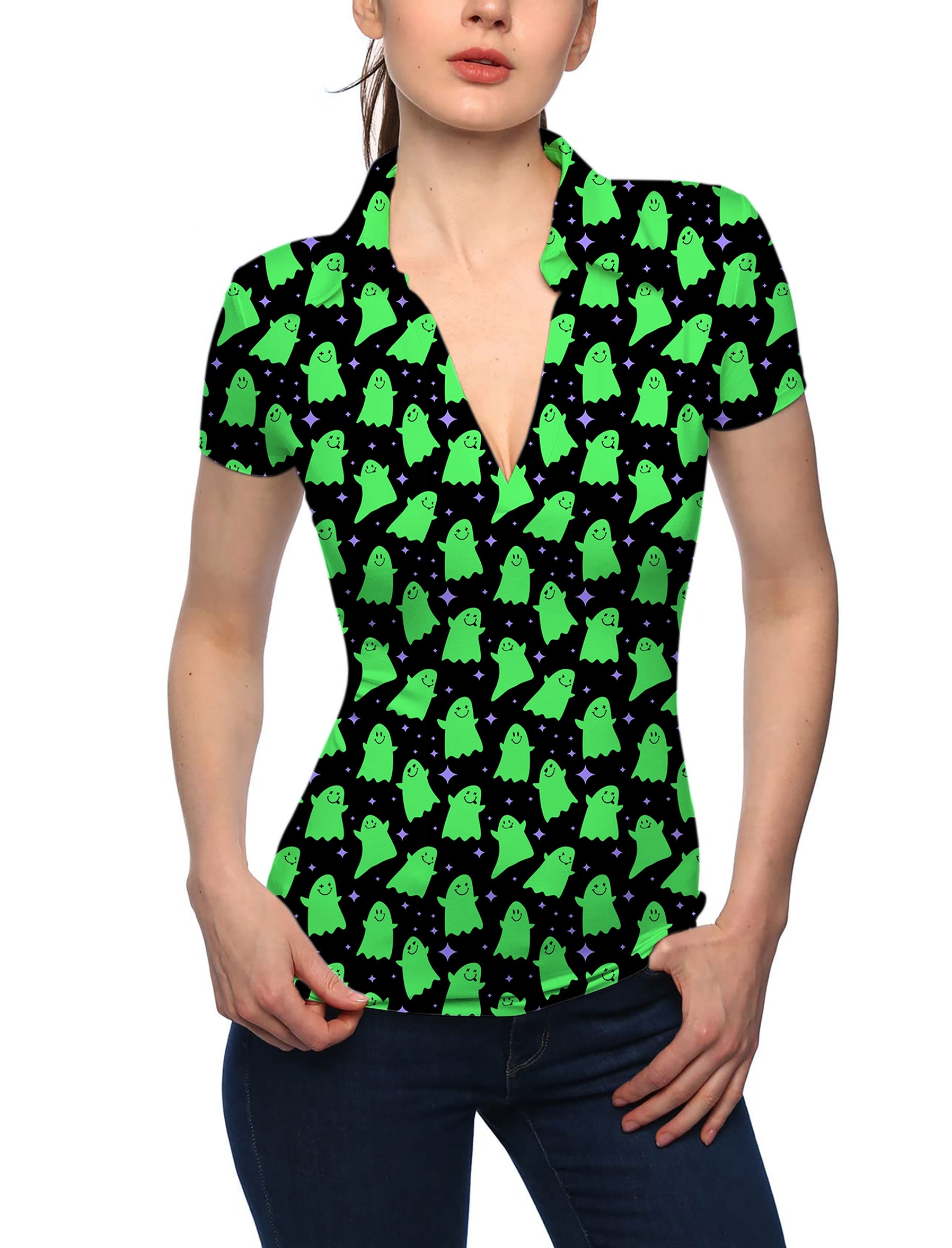 Halloween Women's Green Ghost V Neck Golf Polo