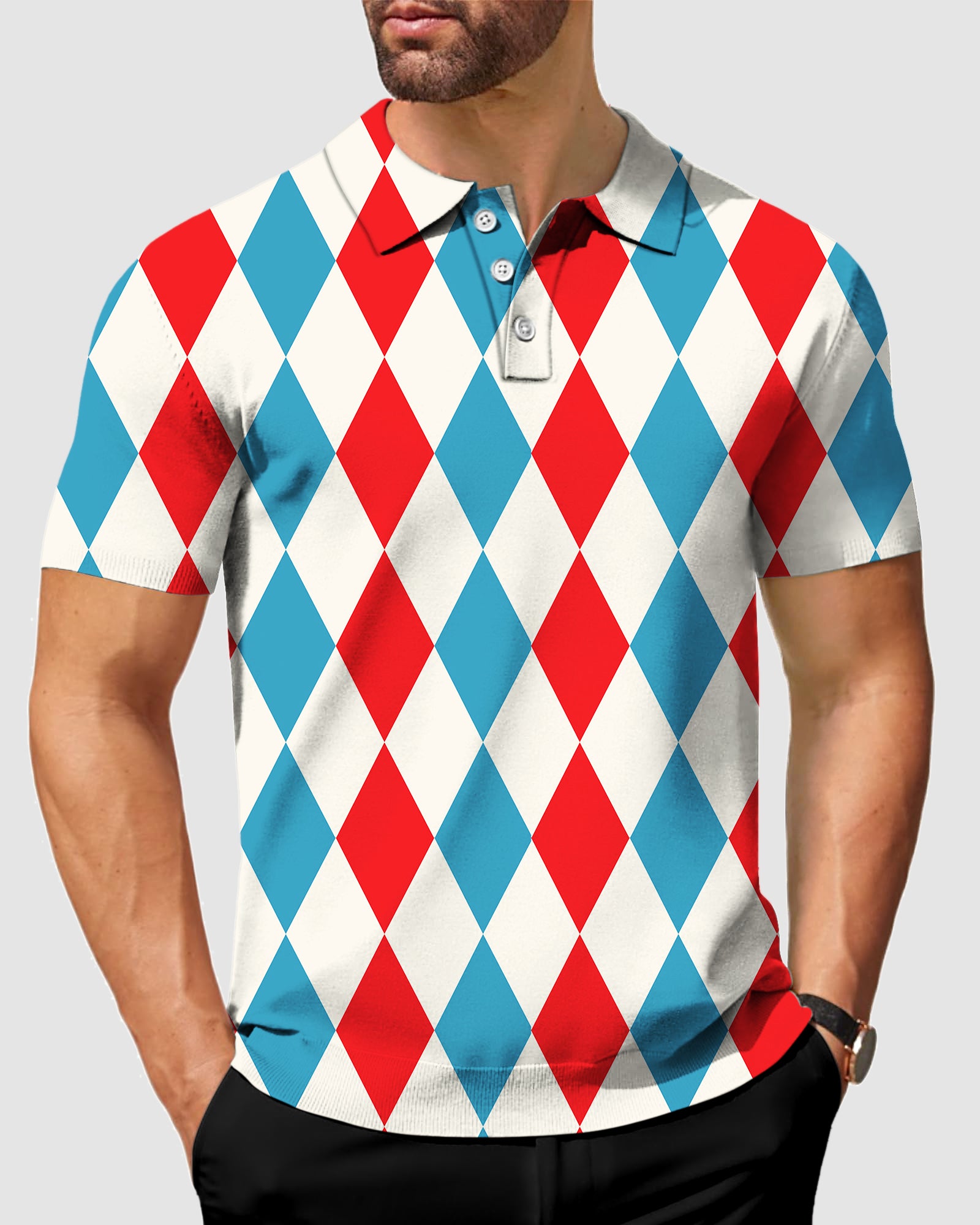 Men's Geometric checkerboard Argyle Polo