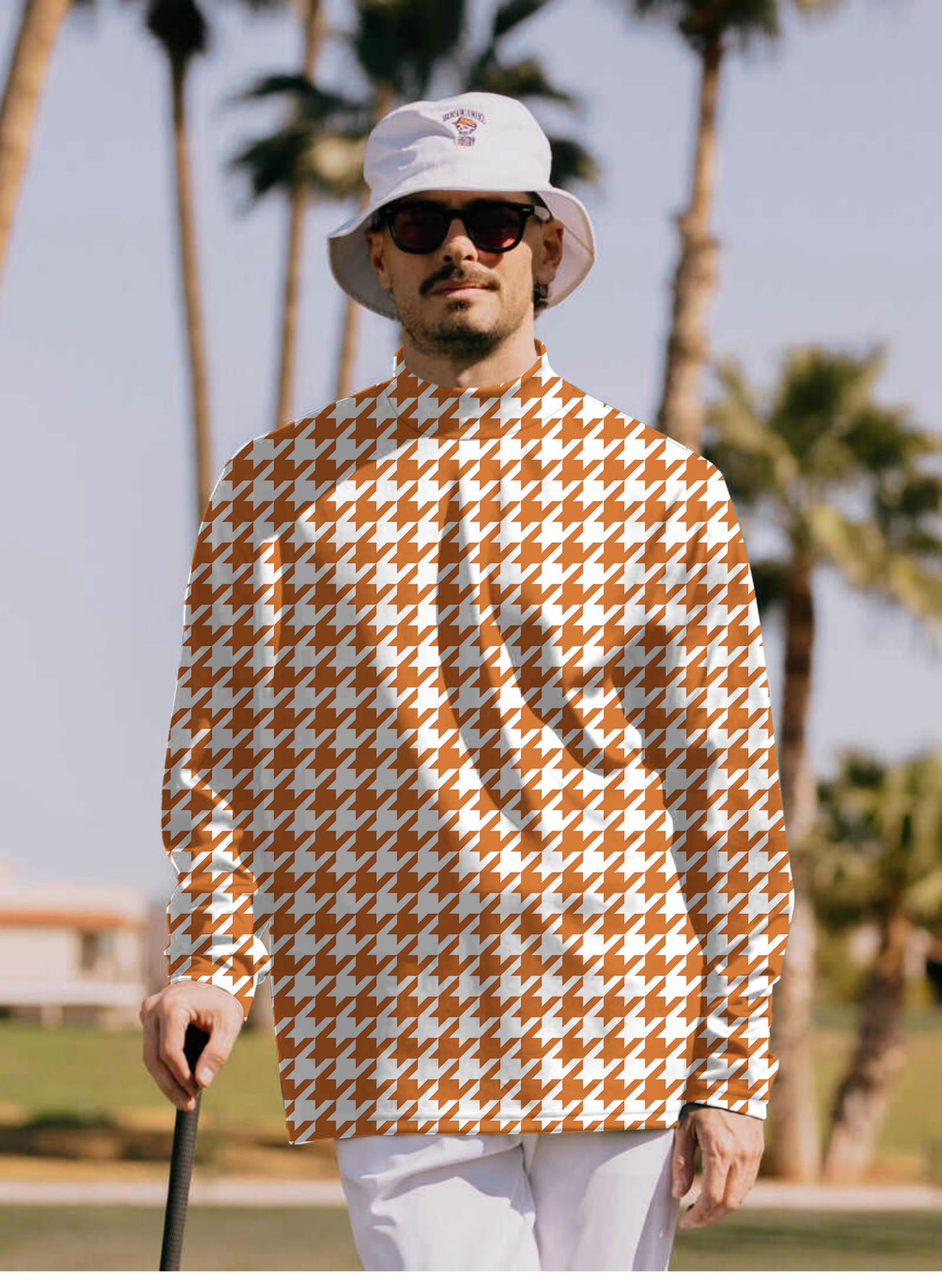 Men's Halloween yellow and white houndstooth Mock Neck Long/Short Sleeve Golf Tops