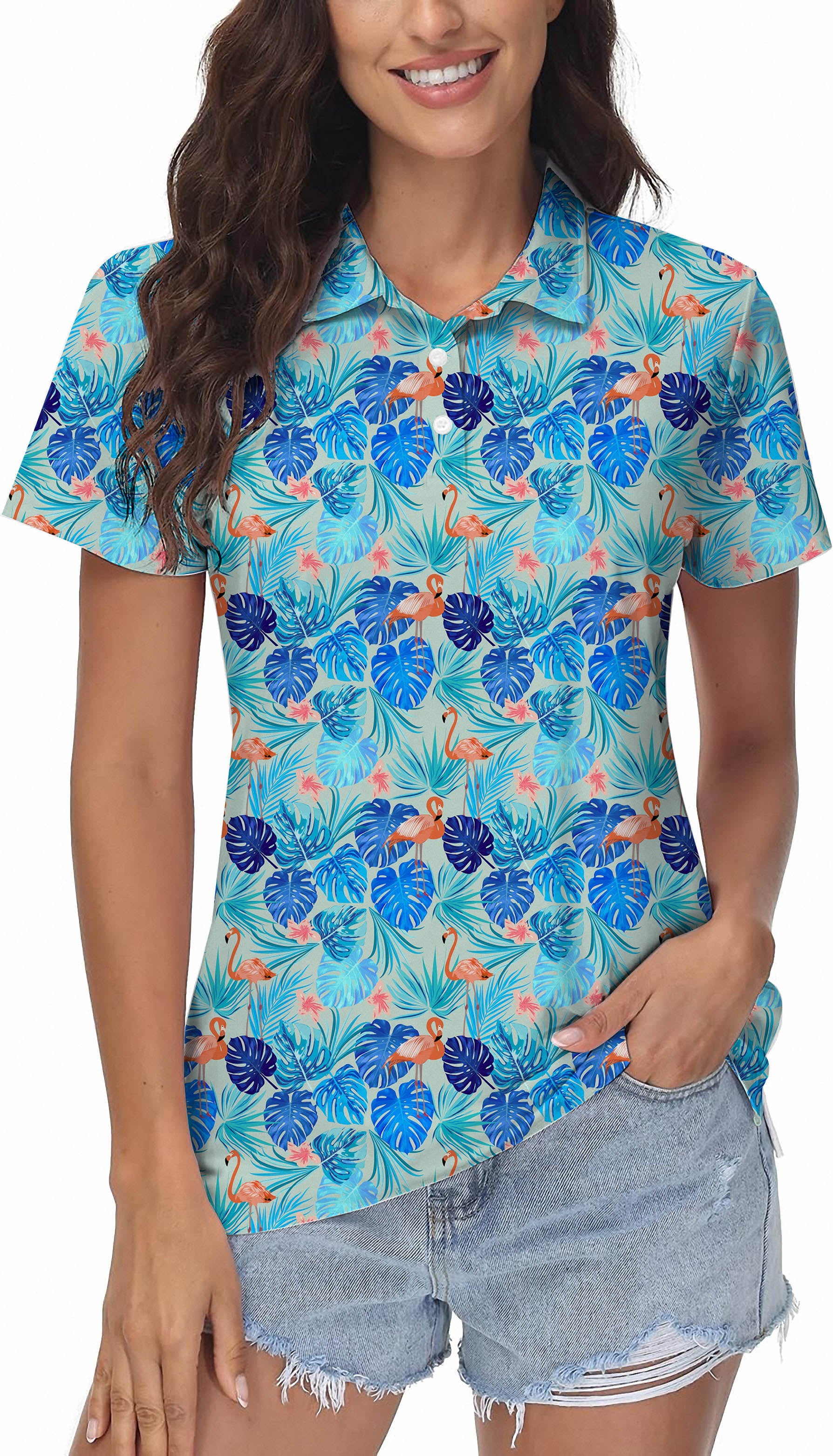 Women's Blue tropical flower flamingo Golf Polo