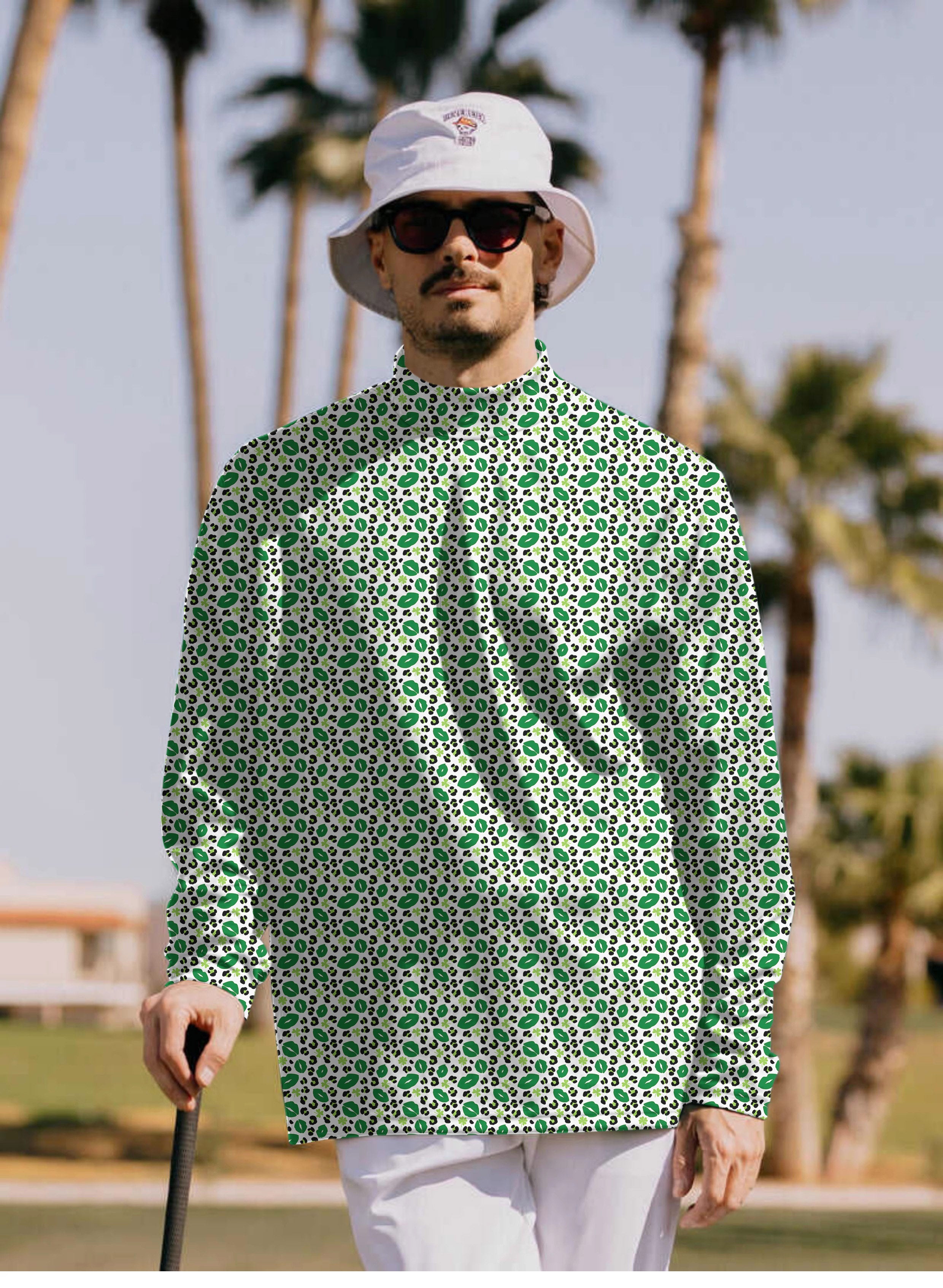 Men's Green leopard kiss St. Patrick's Day Pullover High neck Long/Short sleeve T-Shirt