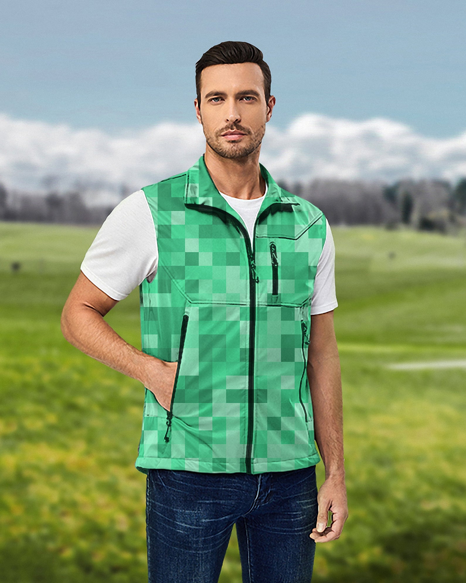 Men's Green Pixel Big Lightweight Softshell Vest Sleeveless Jacket for Golf Windproof Waterproof