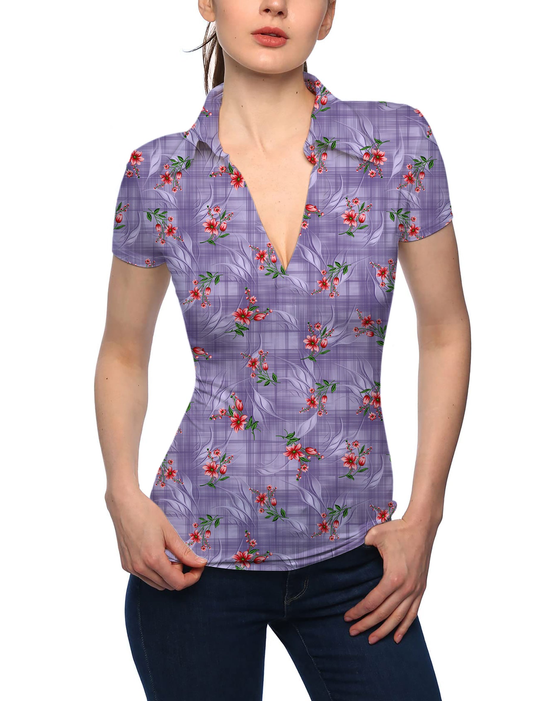Women's Purple flower V Neck Golf Polo