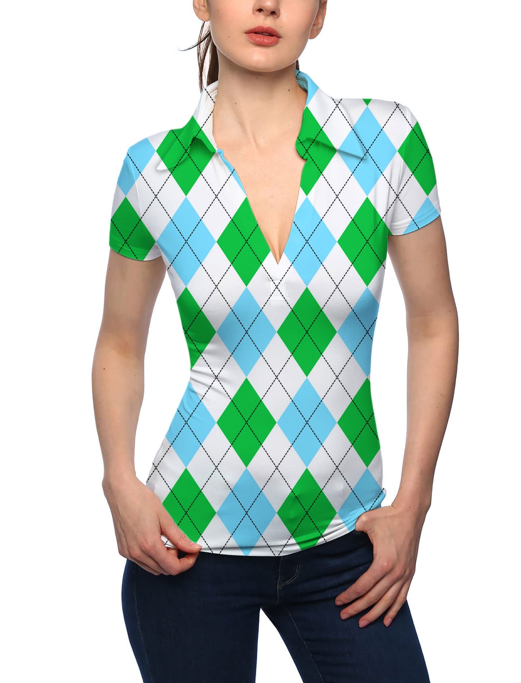 Women's Green diamond grid V Neck Golf Polo