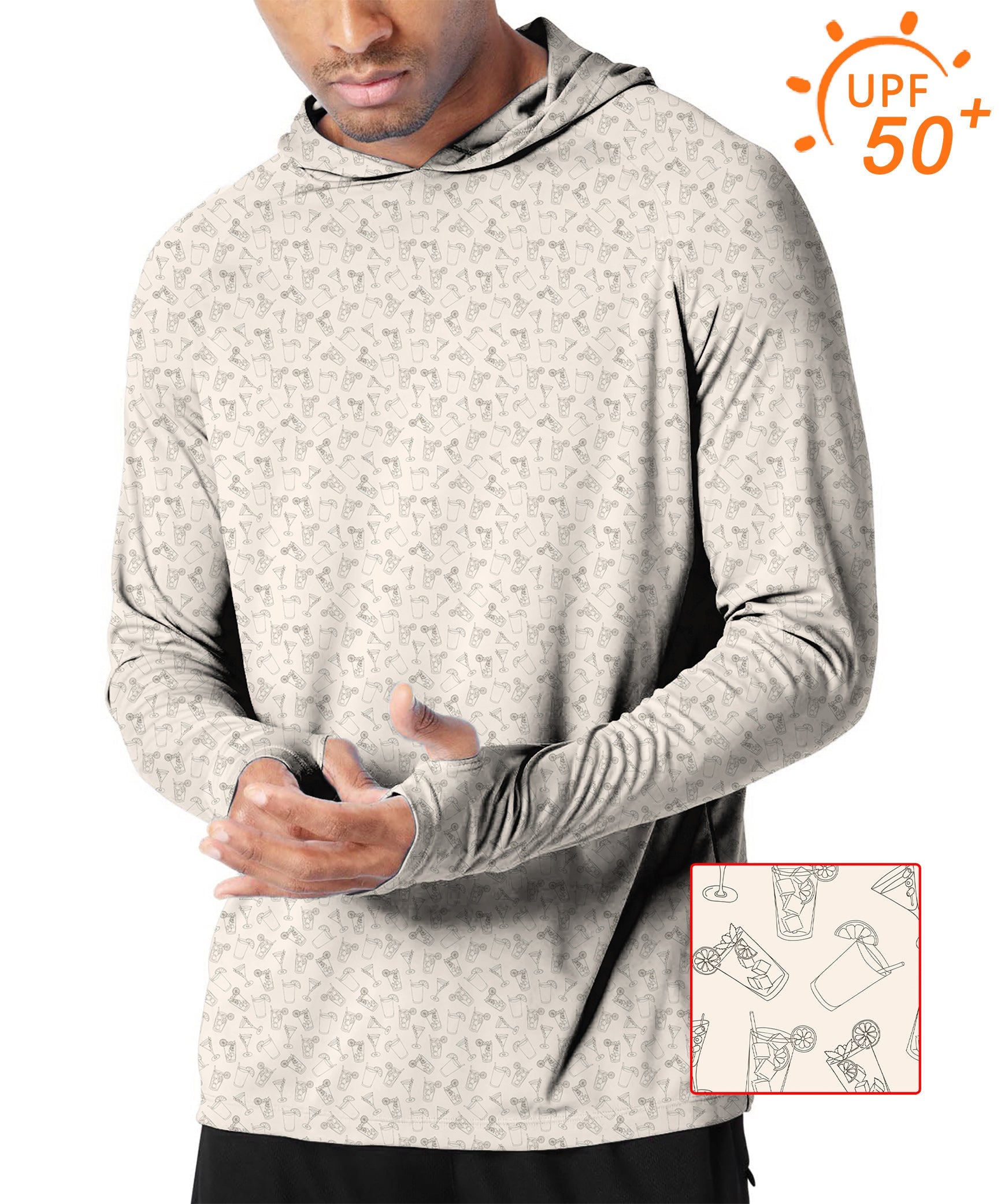 Men's outdoor beige Juice Golf slim fit hooded sun protection shirt with UPF 50+ and thumb holes