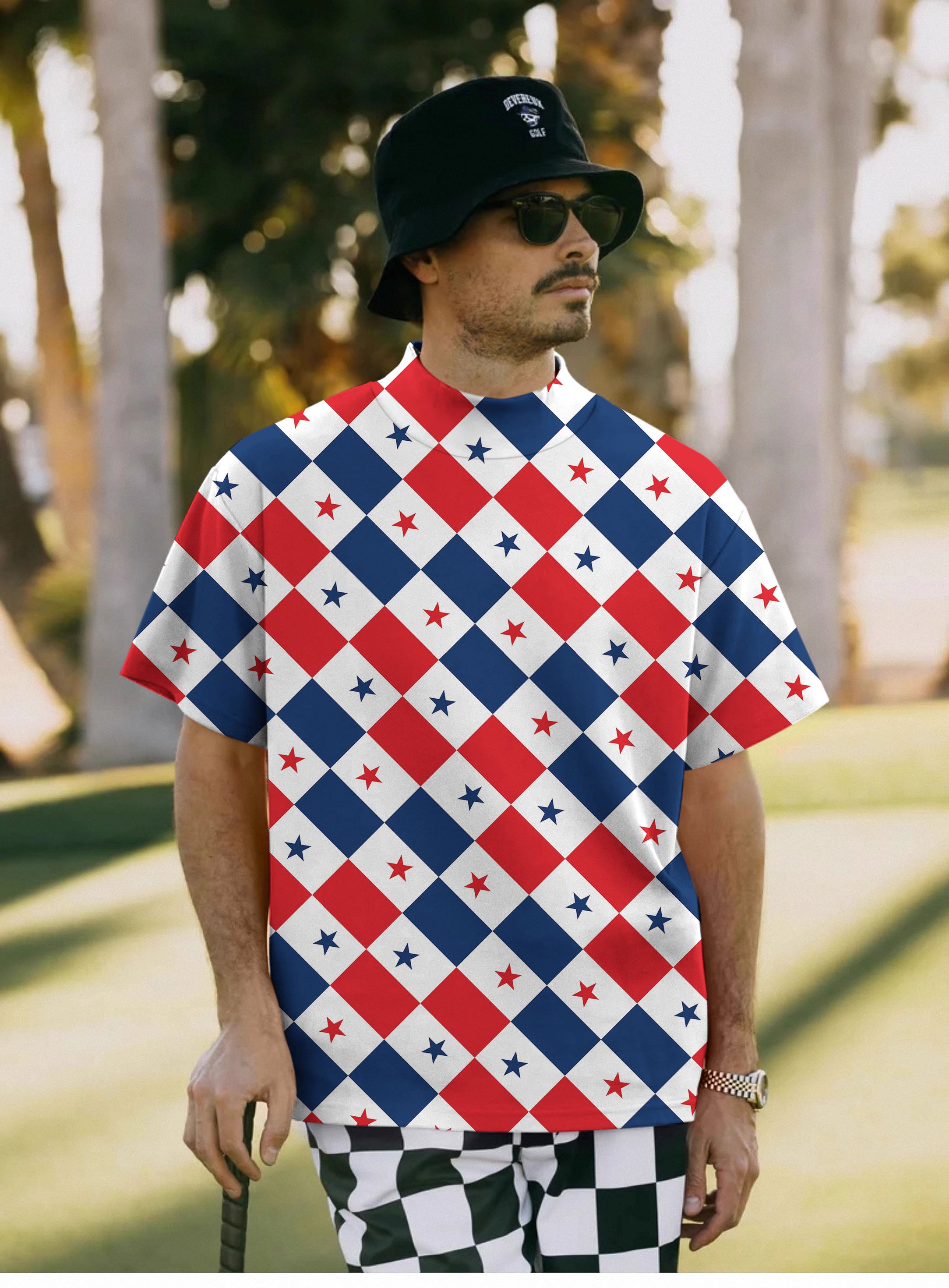 Men's Argyle US Star flag Pullover High neck Long/Short sleeve T-Shirt