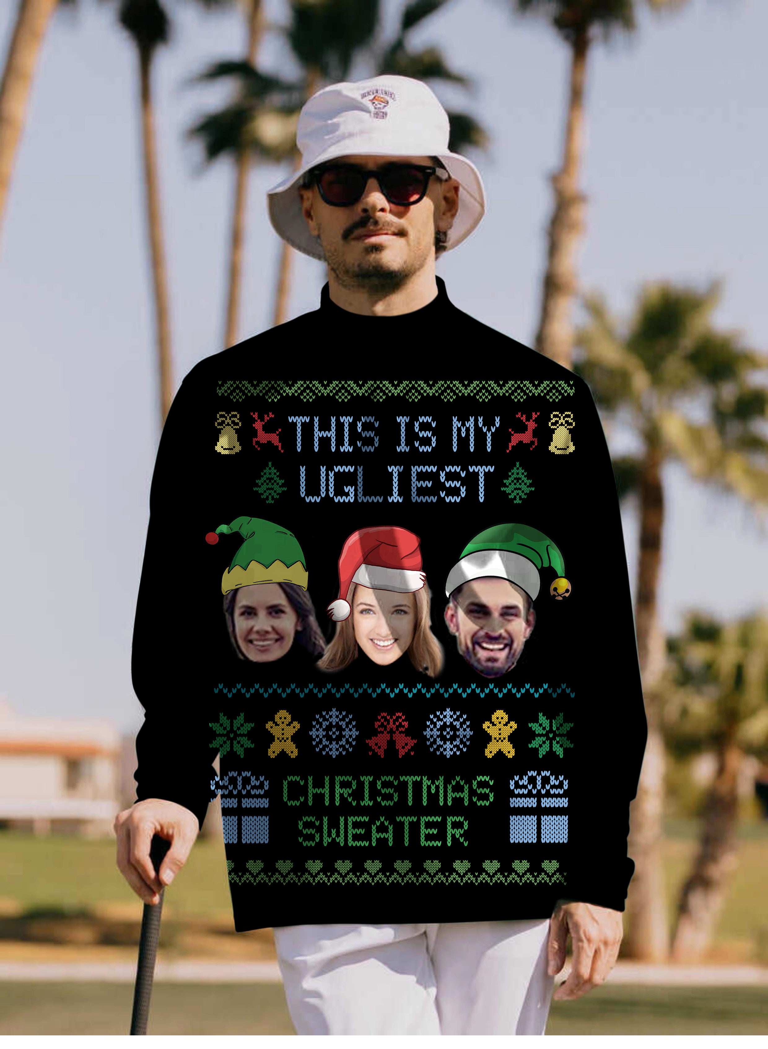 Men's Black-Christmas Custom face Pullover High neck Long/Short sleeve T-Shirt