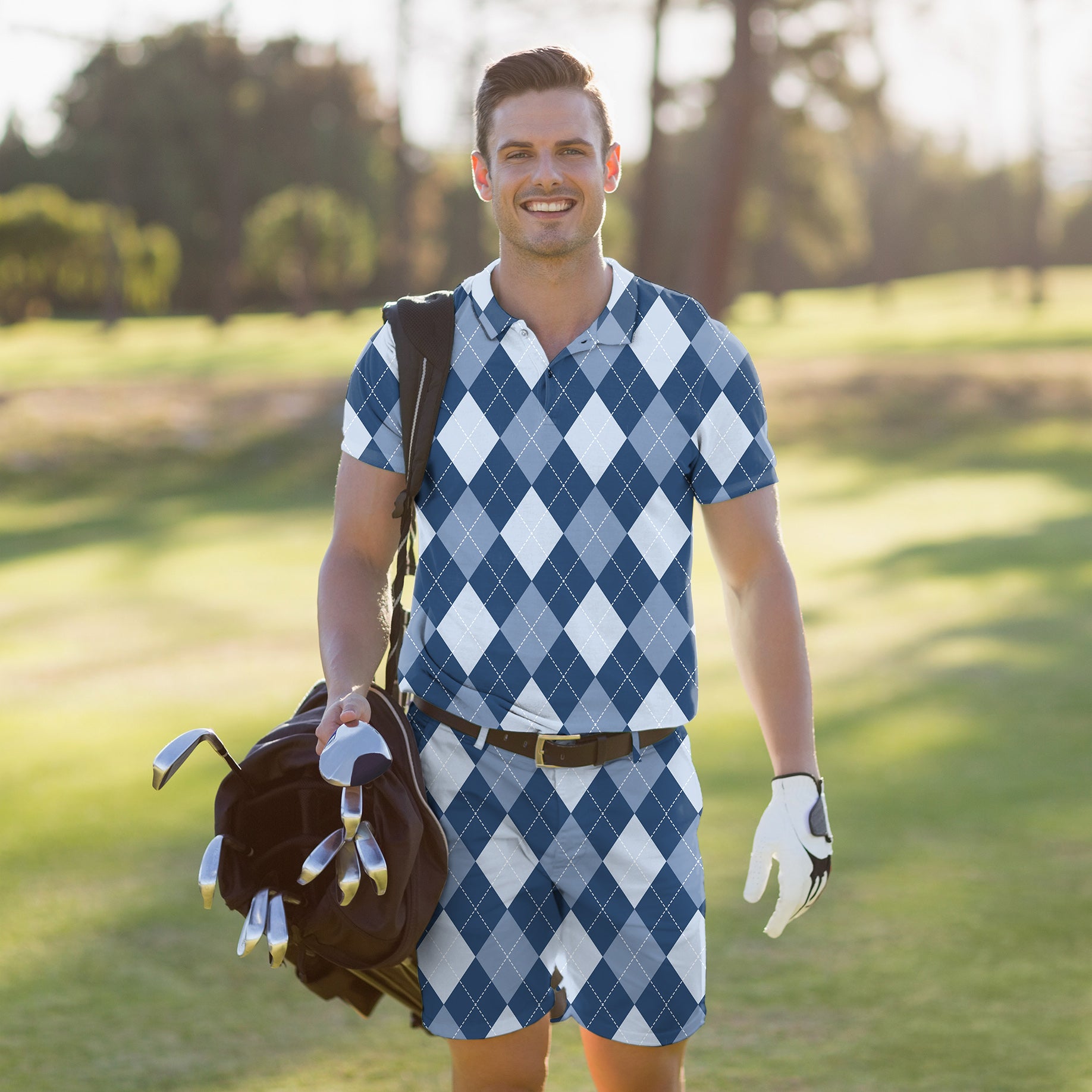 Men's Golf Set Polo+Shorts blue Argyle
