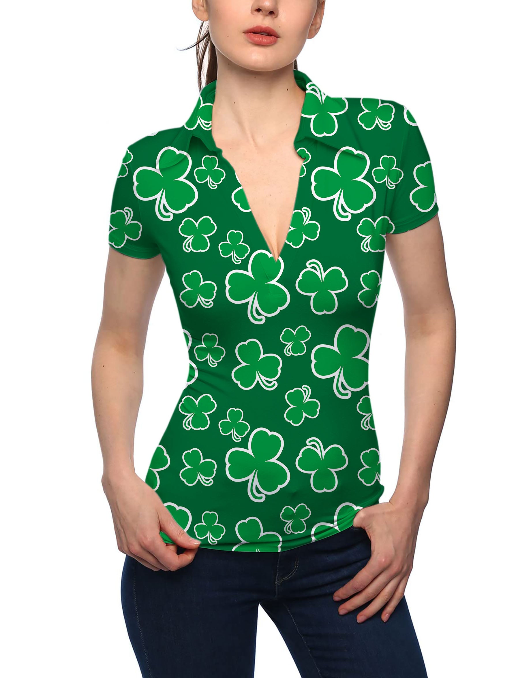 Women's Leaf clover St. Patrick's Day V Neck Golf Polo