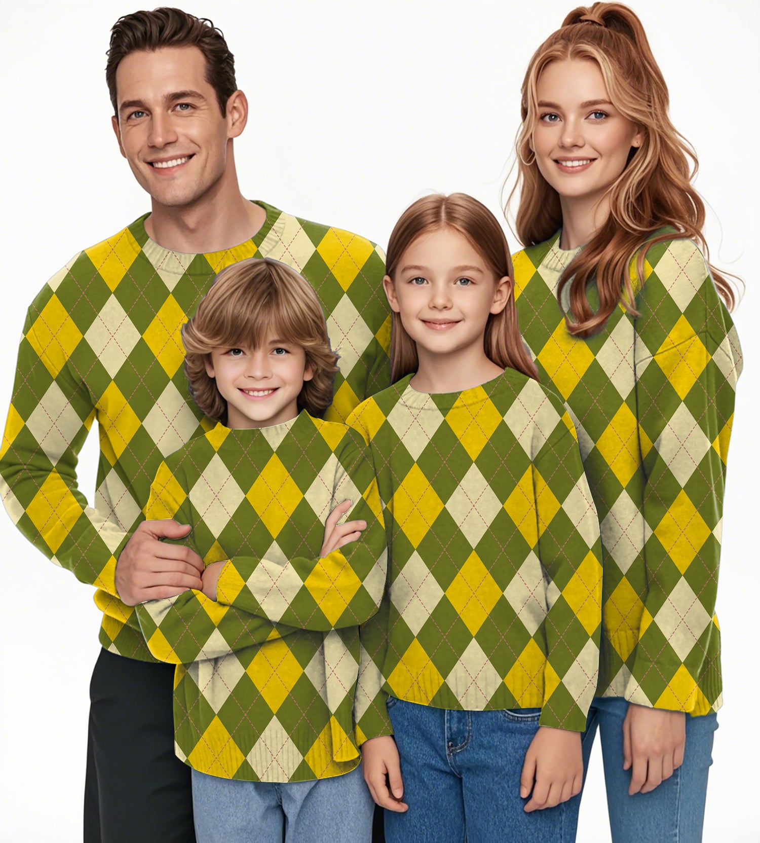 Yollow Argyle Crewneck Pullover Ugly Sweater Men Women boy girl family