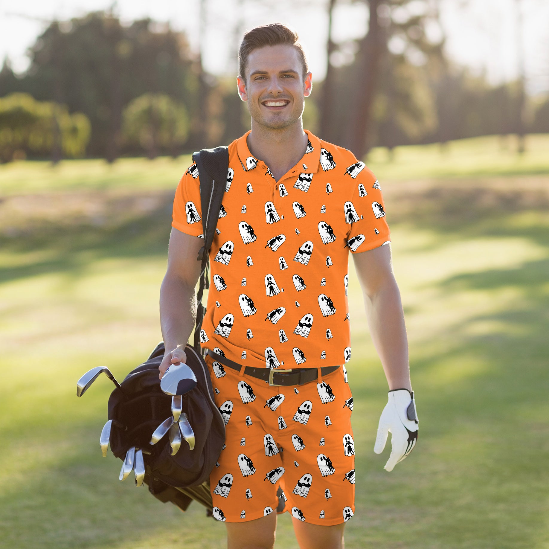 Men's Golf Set Polo+Shorts Halloween Ghost Hug Cat Custom The Background Color