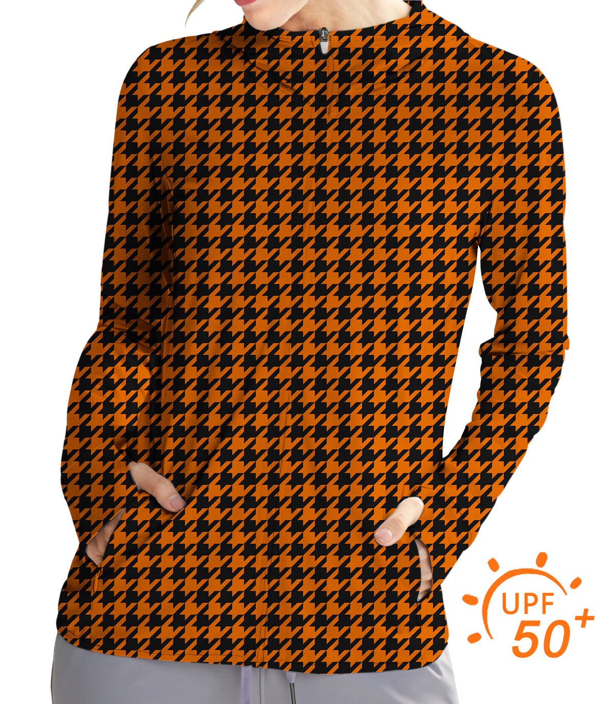 Women's Outdoor Halloween yellow and black houndstooth Golf Sun Protection Slim Fit zip hoodies