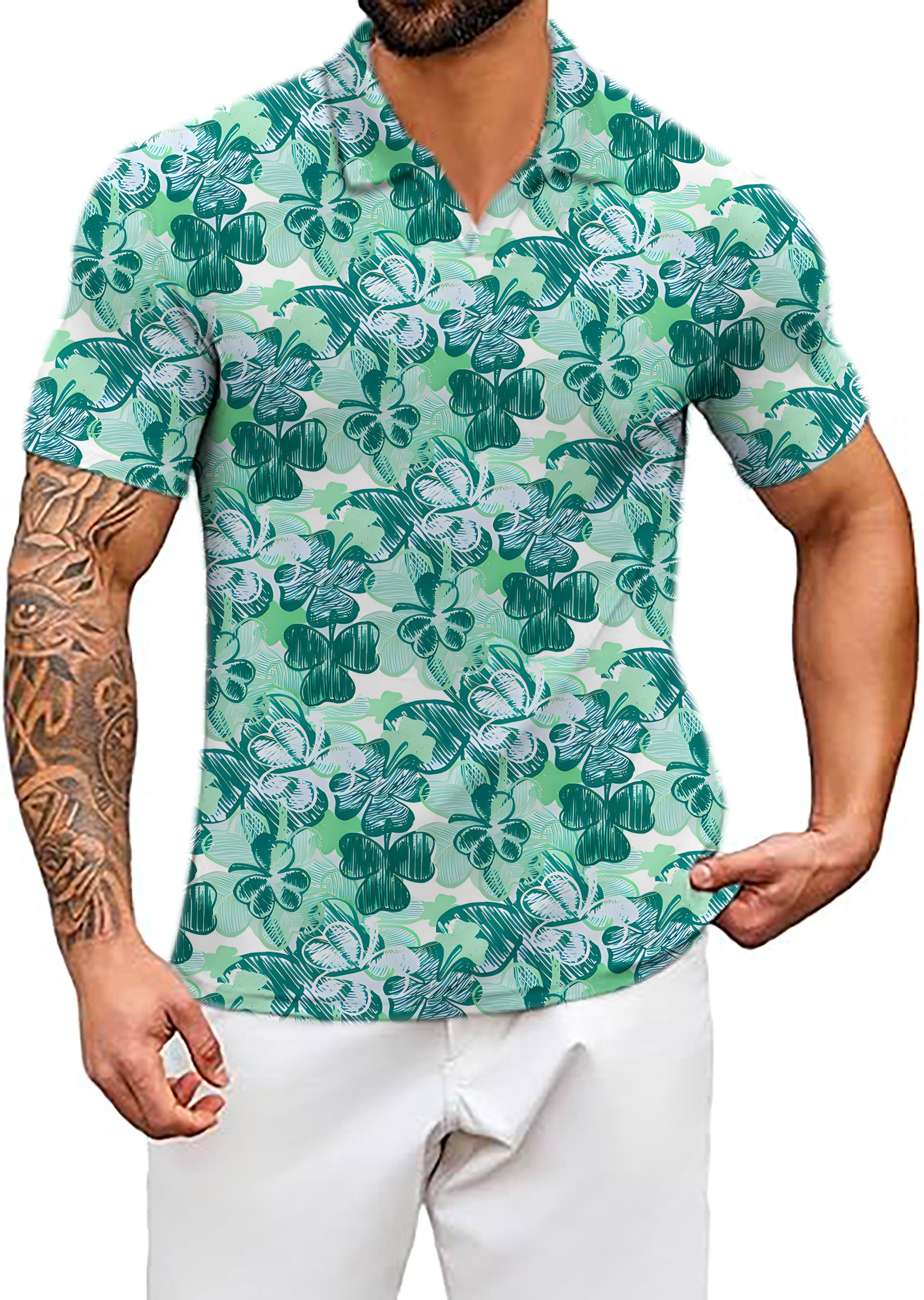 Men's Four leaf clover V Neck Golf Polo Shirts