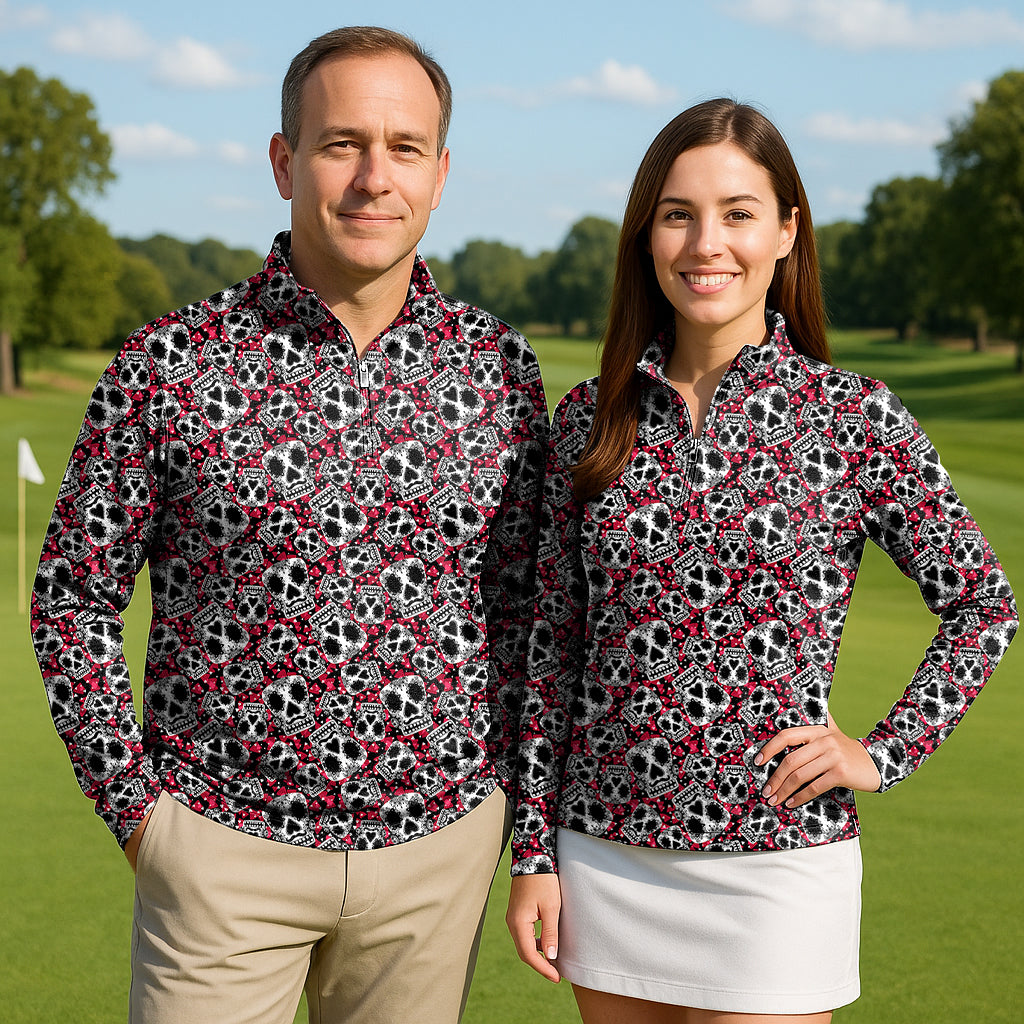 Sugar Skull Pattern Couple Golf Active 3/4 Zipper Top Long Sleeves