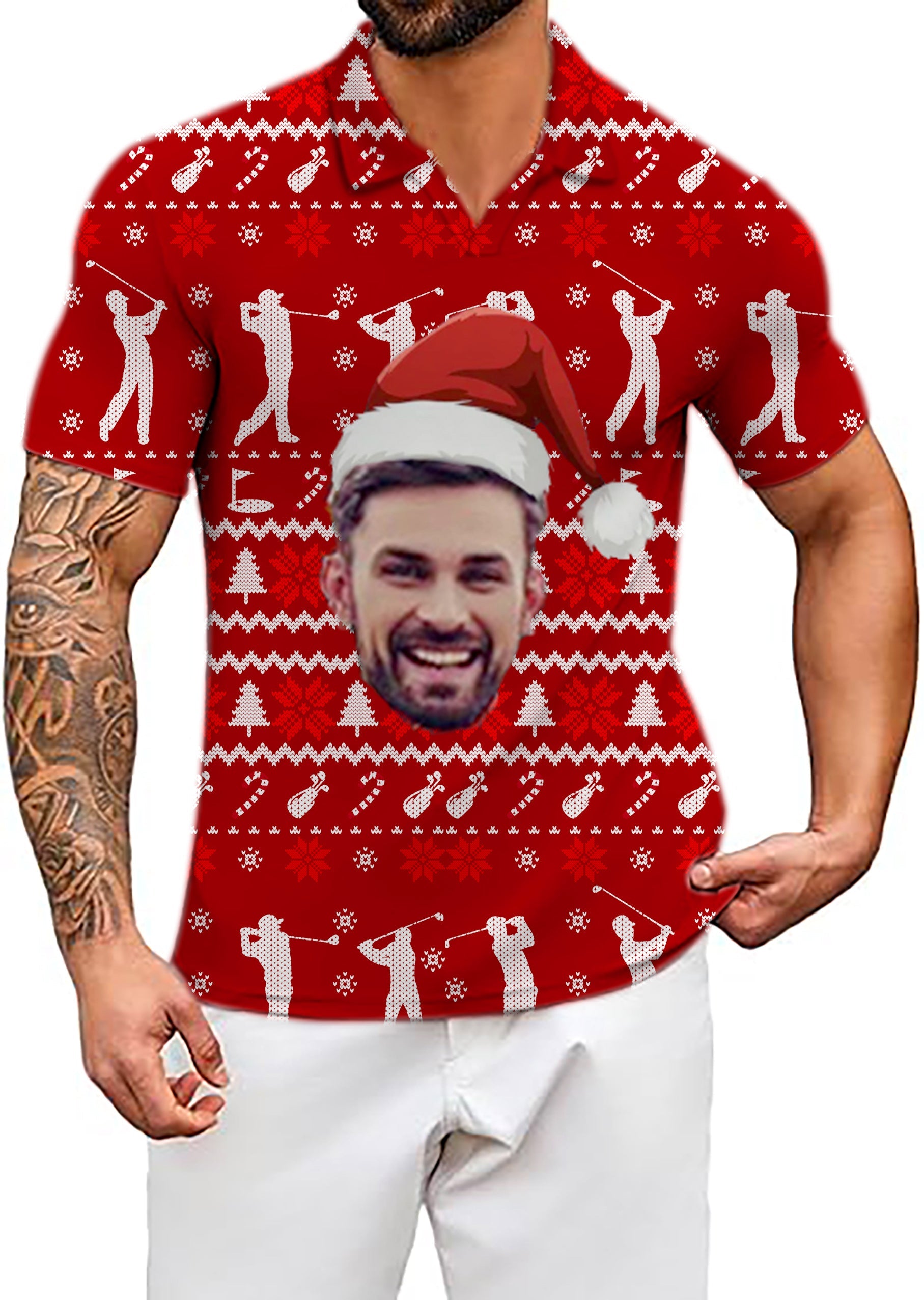 Men's customized Christmas golf polo shirt with festive red pattern and Santa hat face design