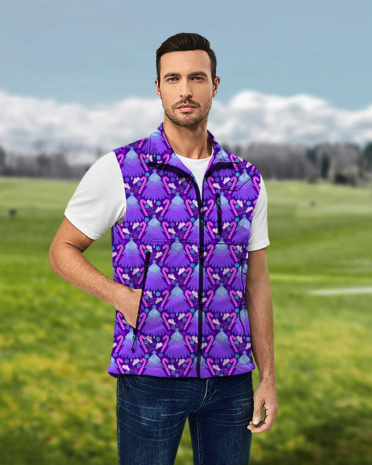 Men's Magical Christmas Tree Lightweight Softshell Vest Sleeveless Jacket for Golf Windproof Waterproof