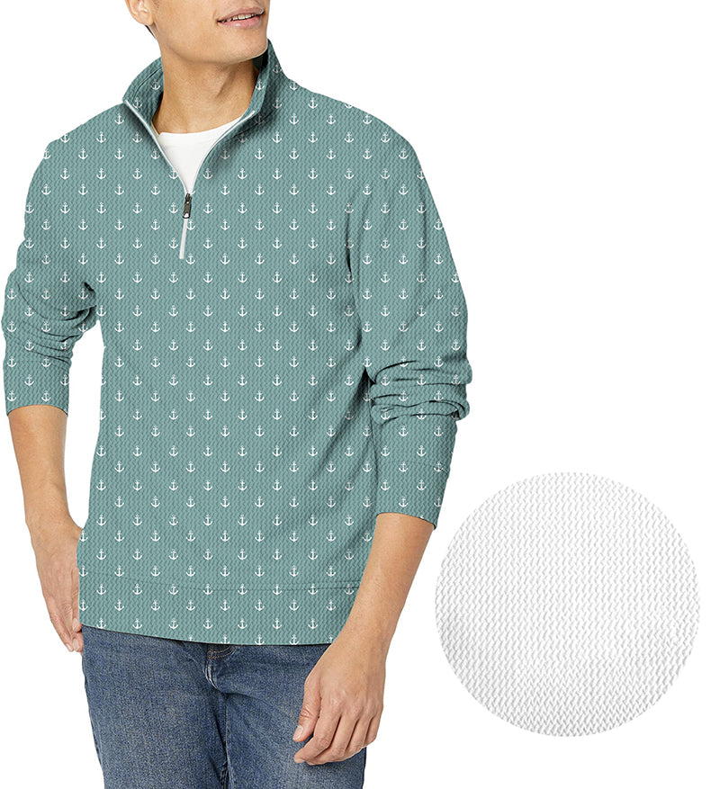 Men's green blue anchor golf waffle zipper pullover with patterned texture