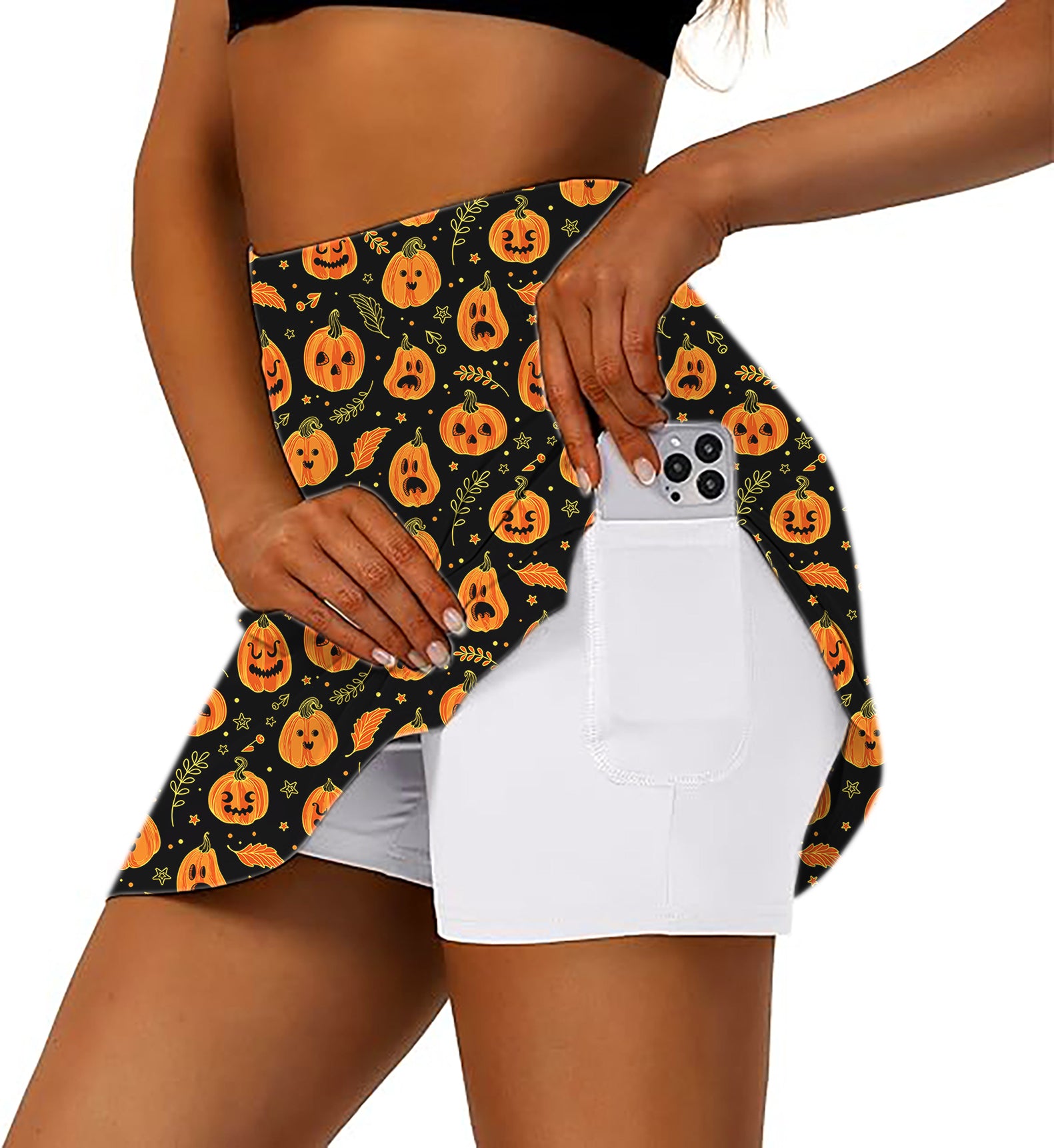 Women's -Halloween Kawaii Pumpkin Bones Golf Skirts Inner Shorts Pocket