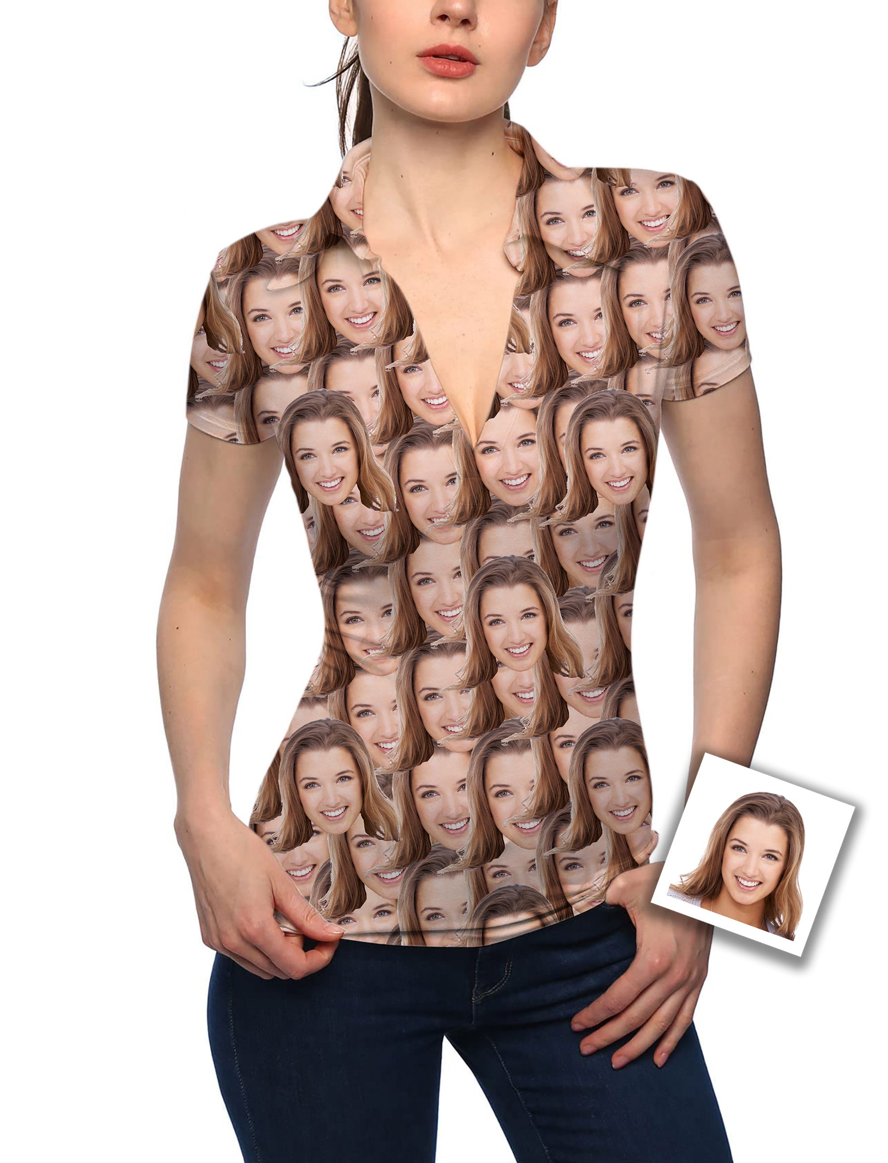 Women's Custom Photo All Faces V Neck Golf Polo