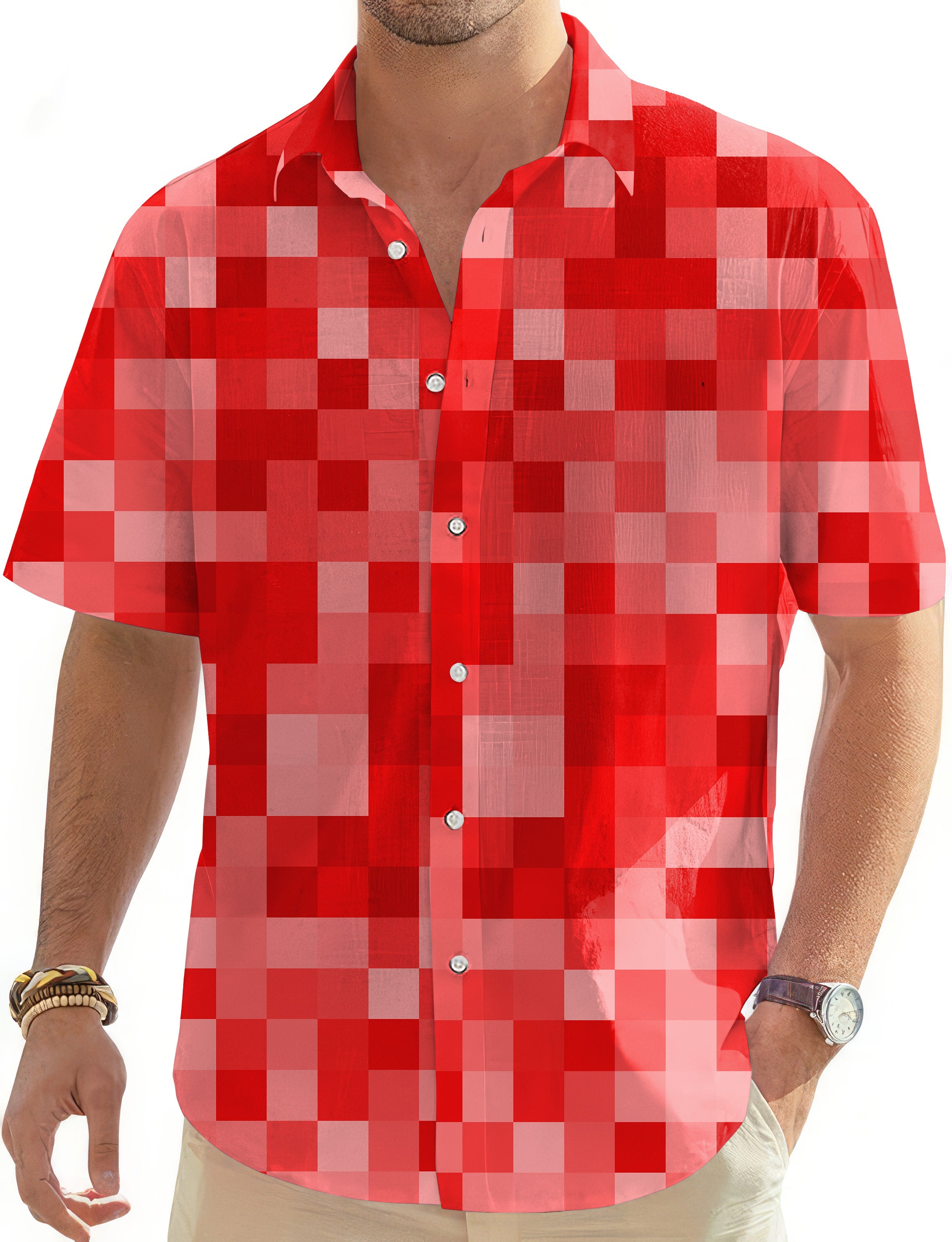 Red Pixel Big Men's Golf Hawaiian Shirts Button Down Shirt
